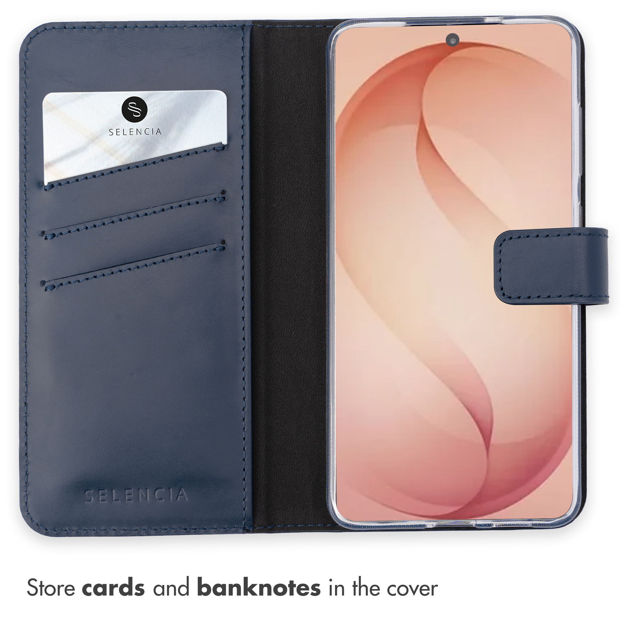 Una custodia per telefono in pelle blu con fessure per carte e uno smartphone con design astratto.