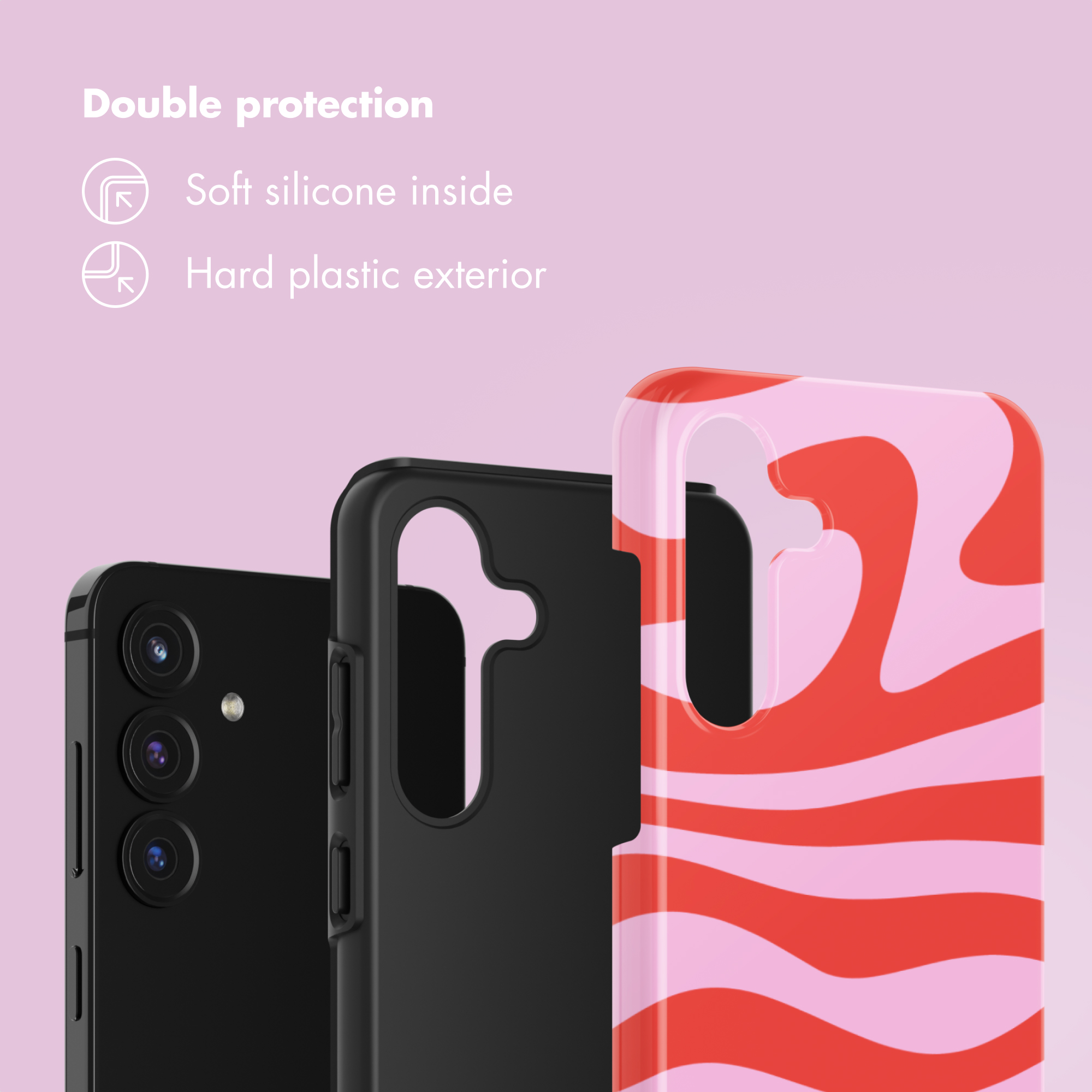 Smartphone con interior de silicona suave y exterior de plástico duro para doble protección sobre fondo rosa.
