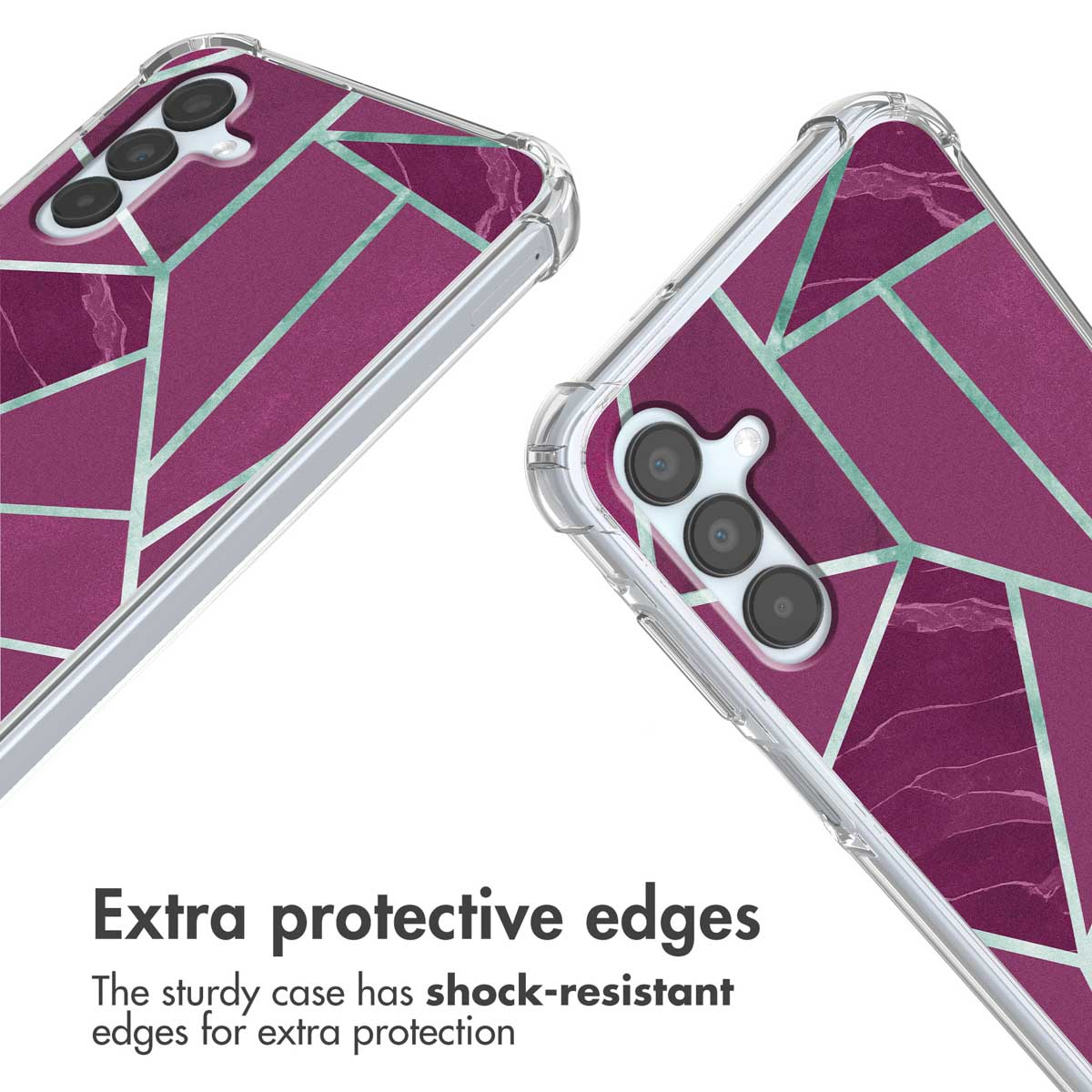 Deux coques de smartphone au motif géométrique en marbre violet et sarcelle, aux bords antichocs.