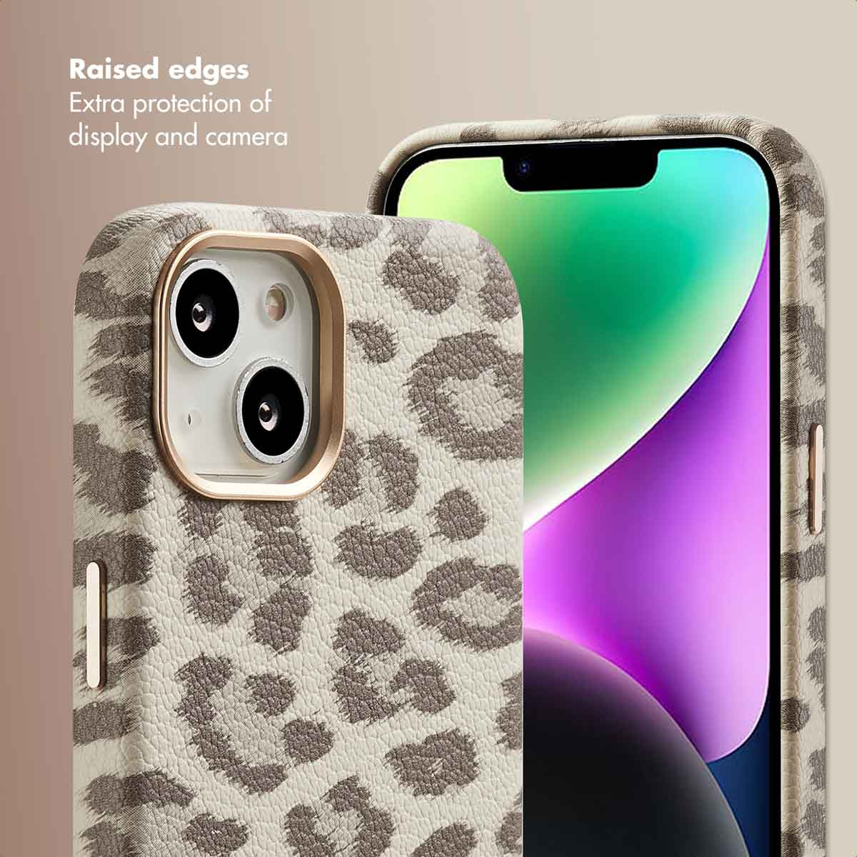 Funda de móvil con estampado de leopardo y bordes elevados para protección.