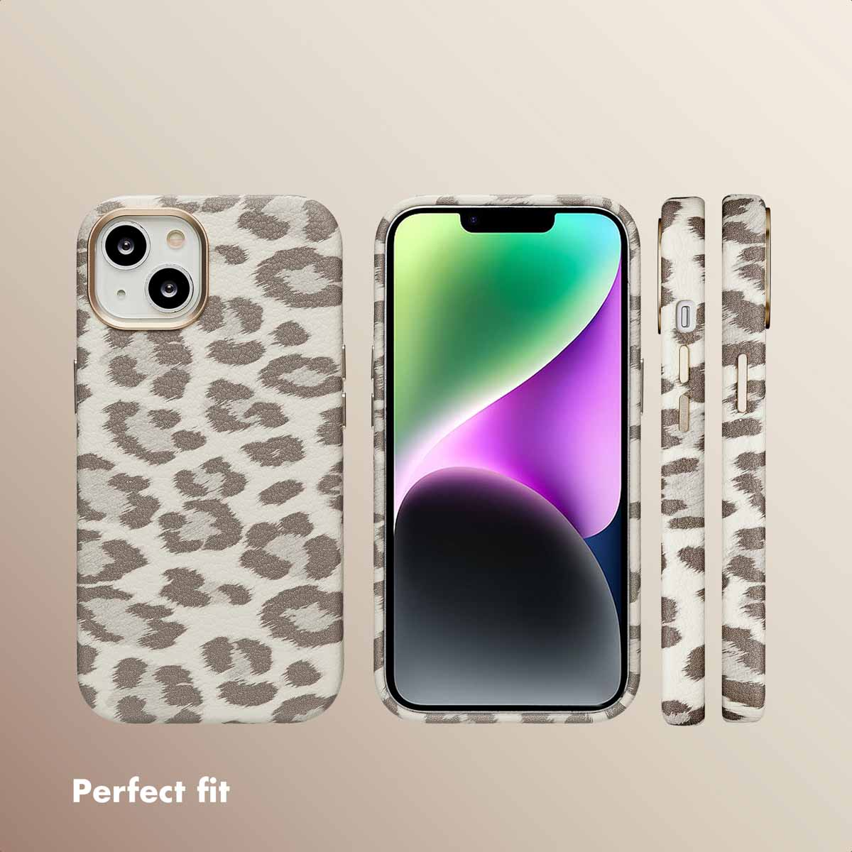 Funda de móvil con estampado de leopardo mostrada por detrás, delante y lados sobre fondo claro.
