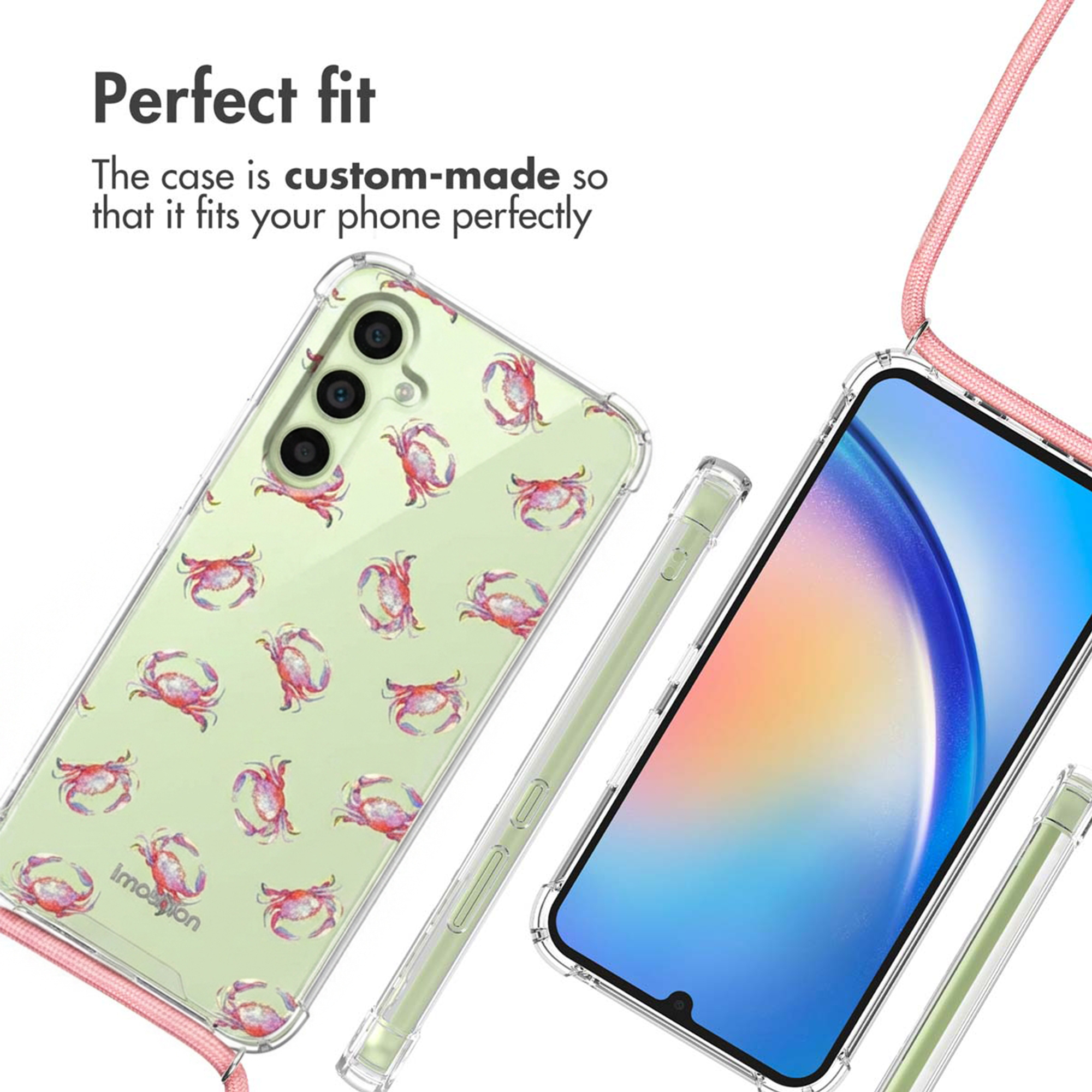 Coque de téléphone transparente avec motif de crabes, lanière et texte.