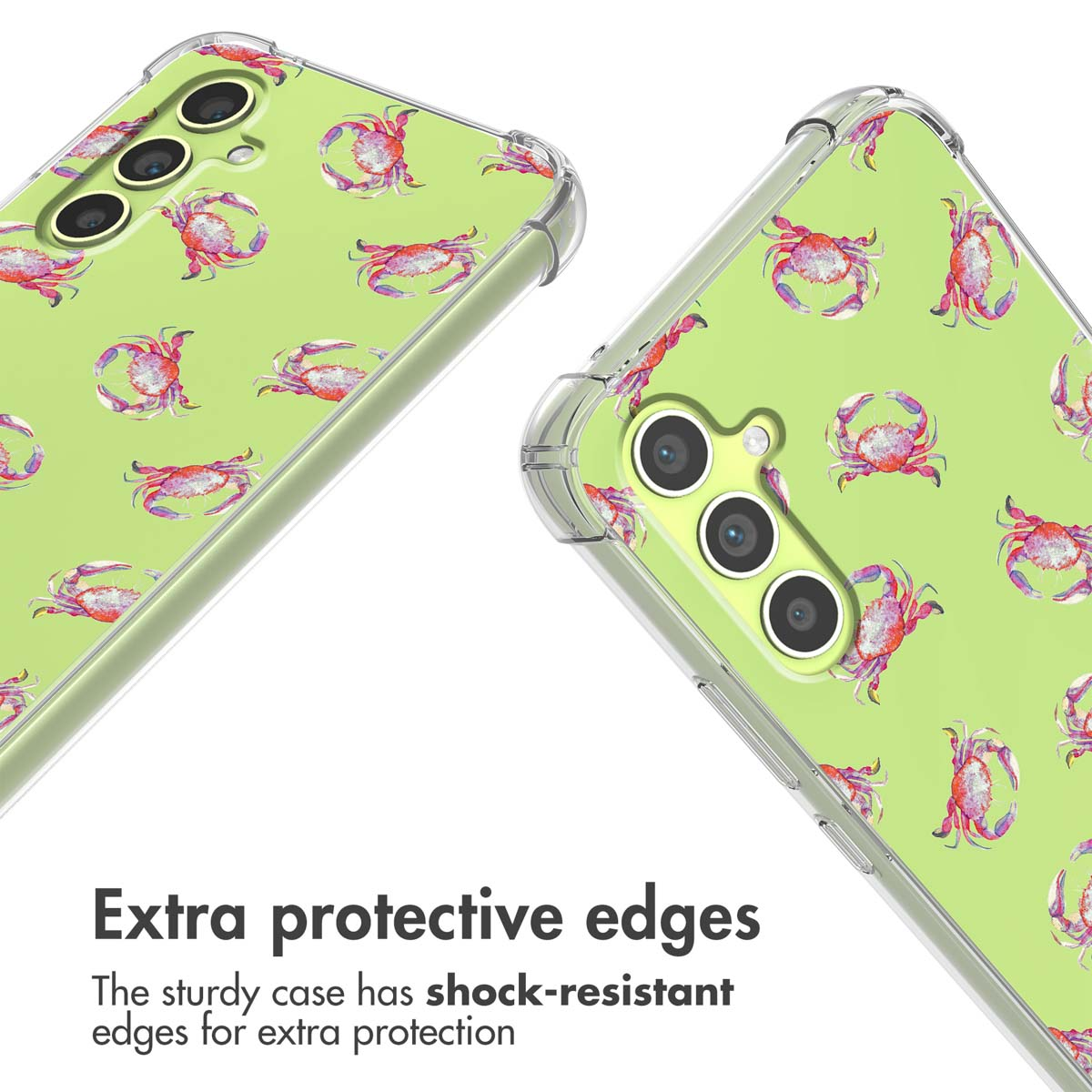 Coque de téléphone avec motif de crabes et bords antichocs sur fond vert.