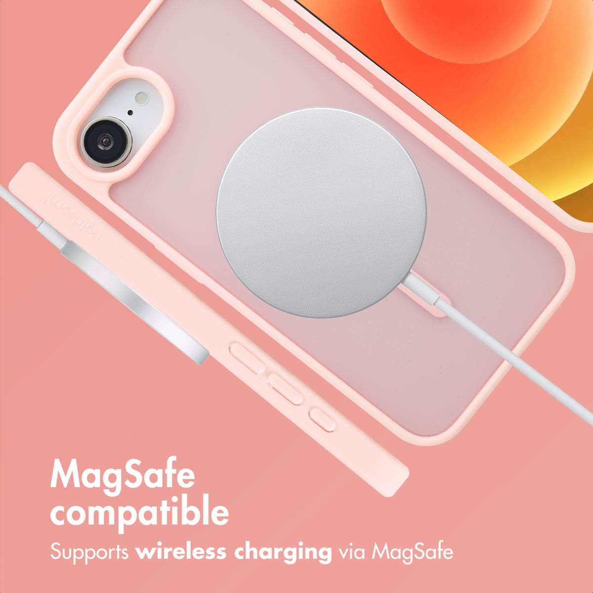 Custodia per telefono rosa con caricatore MagSafe su sfondo rosa, testo legge compatibile MagSafe.