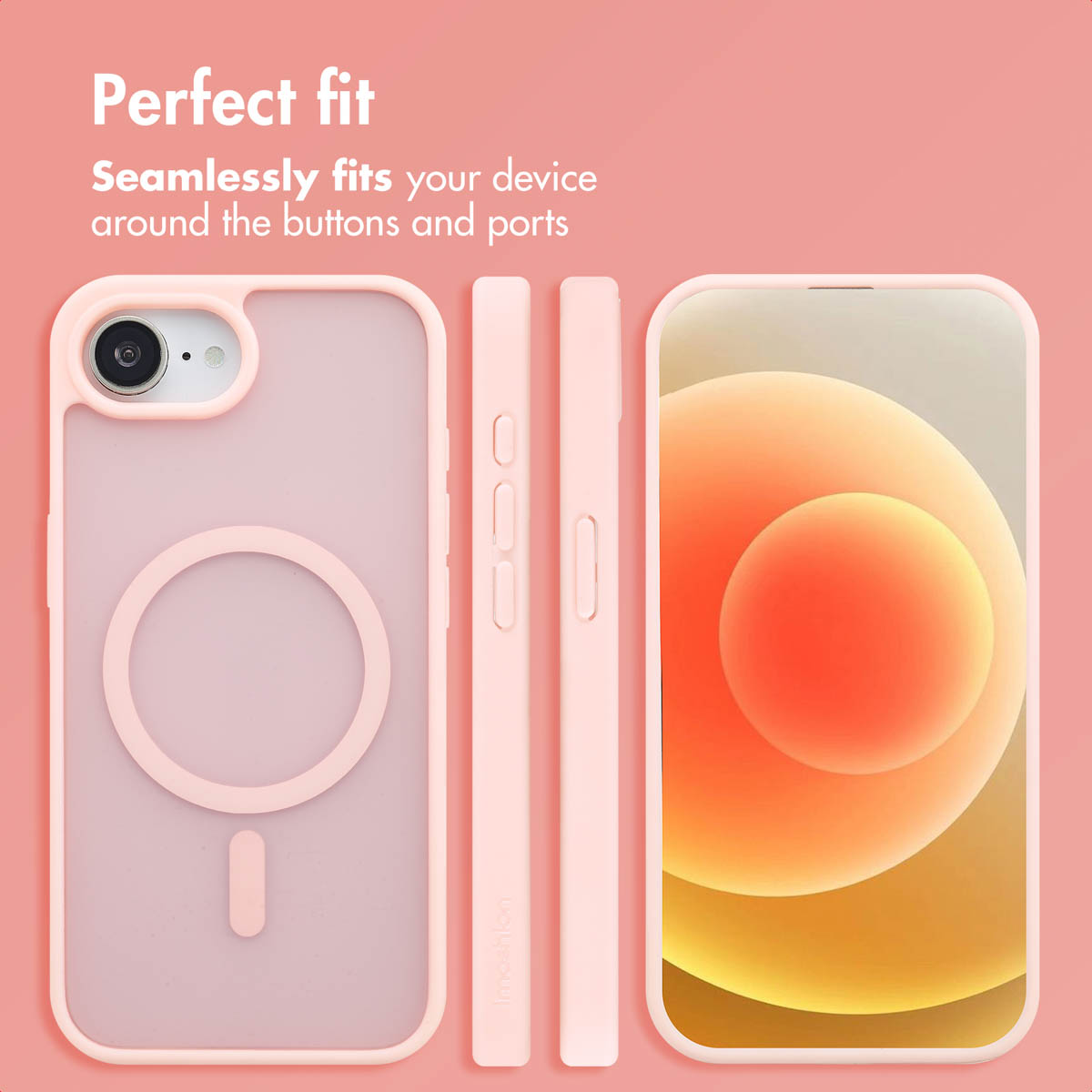 Custodia per telefono rosa mostrata da più angolazioni con testo Perfect fit su sfondo rosa.