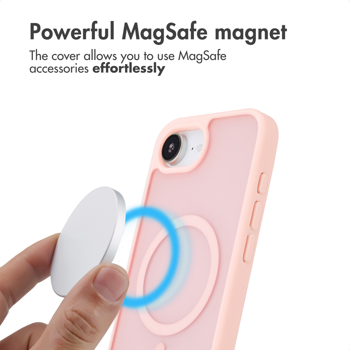 Telefono in cover rosa con magnete MagSafe e mano che regge l'accessorio.