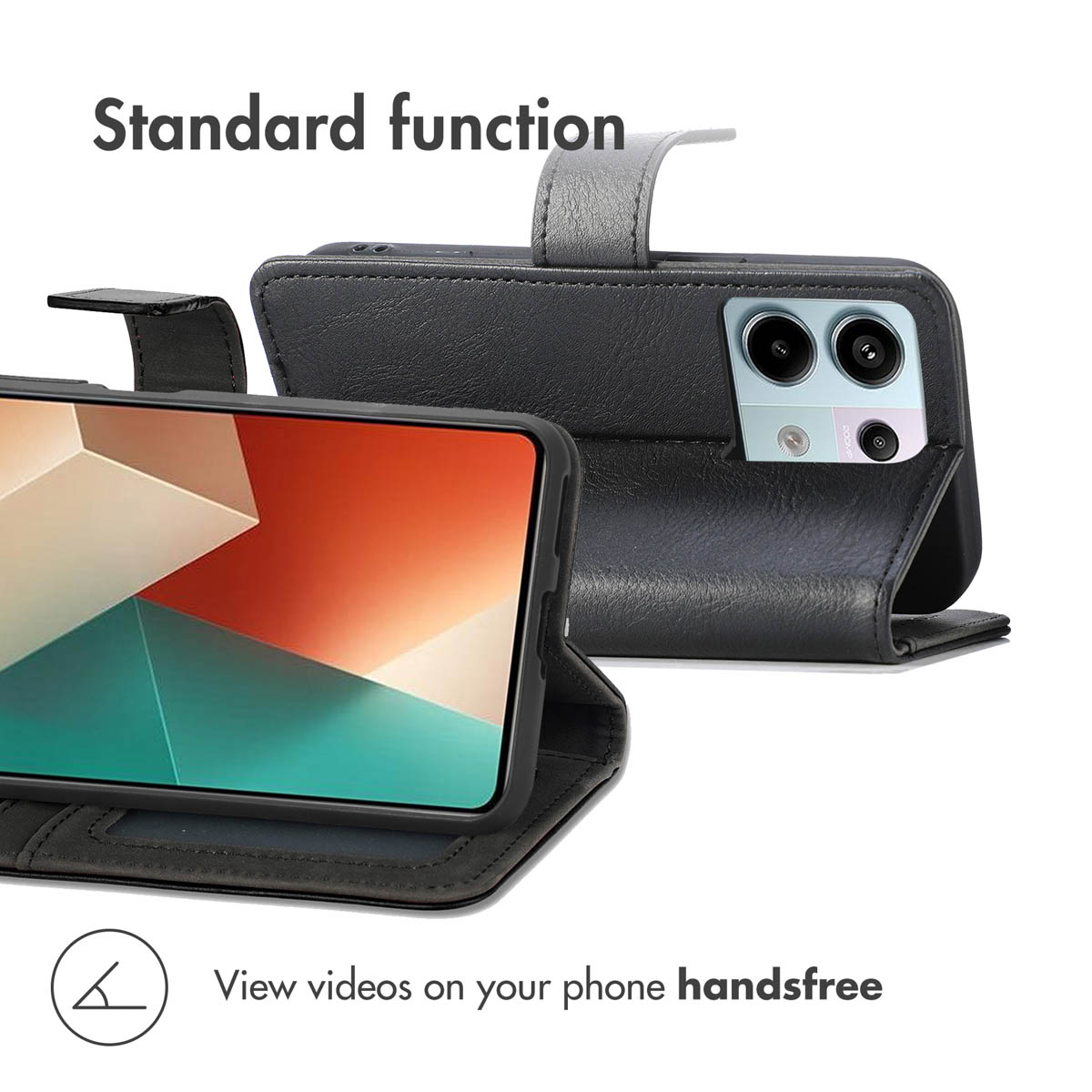 Una custodia in pelle nera per smartphone con funzione di supporto integrata per la visione a mani libere.