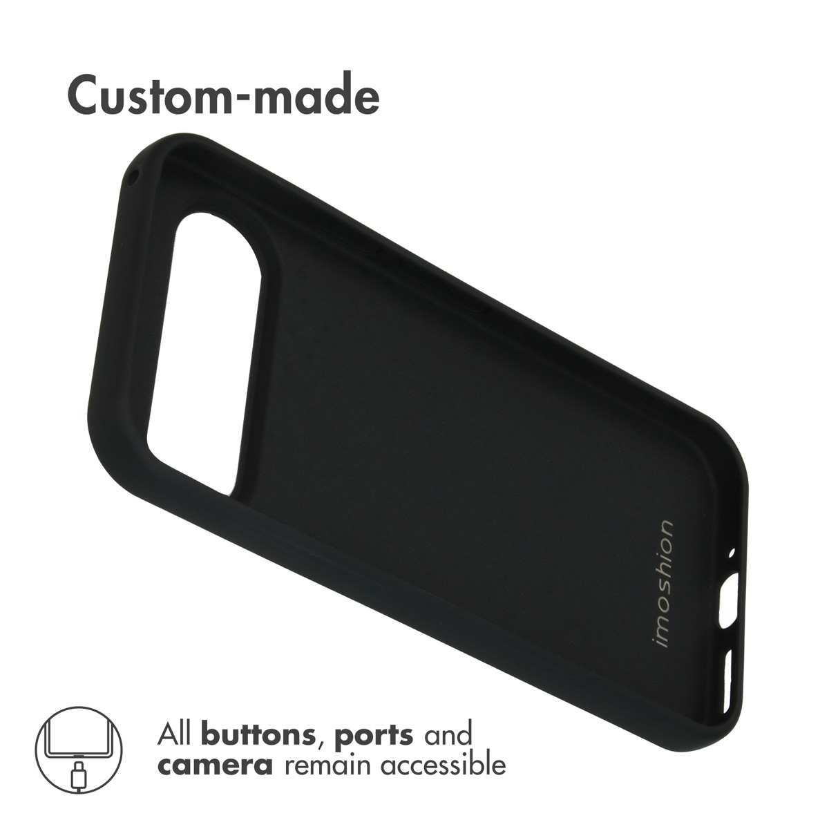 Custodisci per smartphone nera personalizzata su sfondo bianco con testo sull'accessibilità.