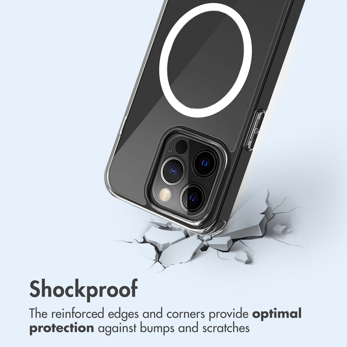 Uno smartphone in una custodia protettiva trasparente colpisce una superficie fessurata.