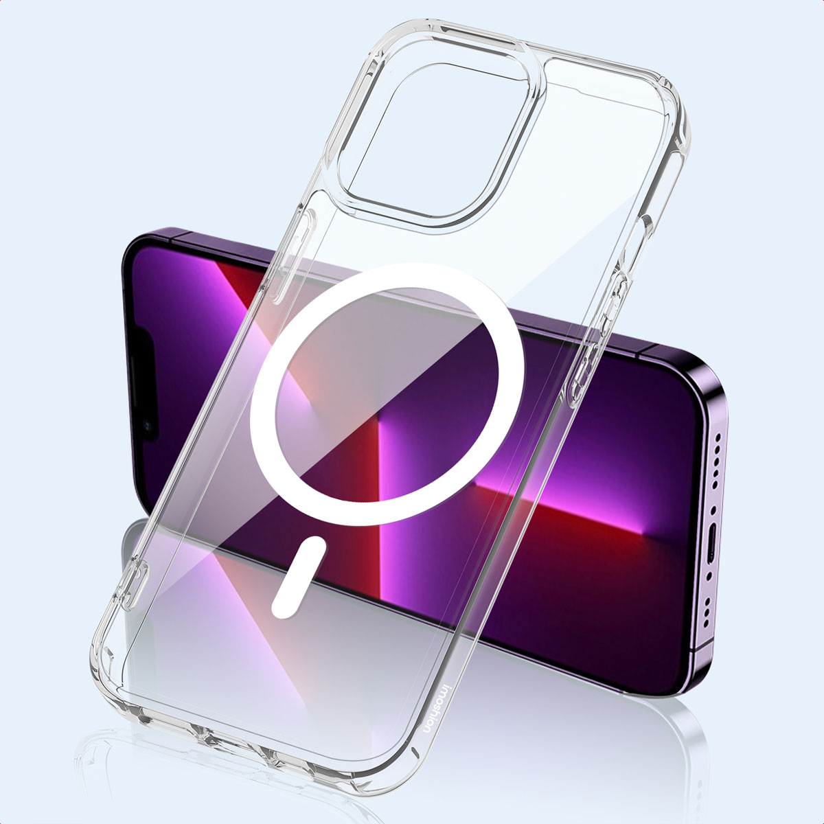 Custodia MagSafe trasparente davanti a uno smartphone viola su sfondo chiaro.