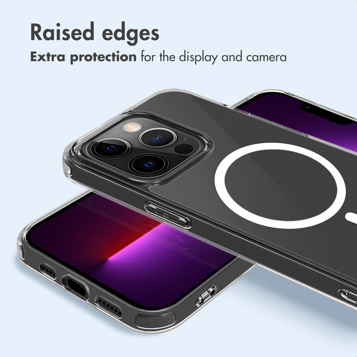 Custodia trasparente con MagSafe e bordi rialzati per proteggere schermo e fotocamera.