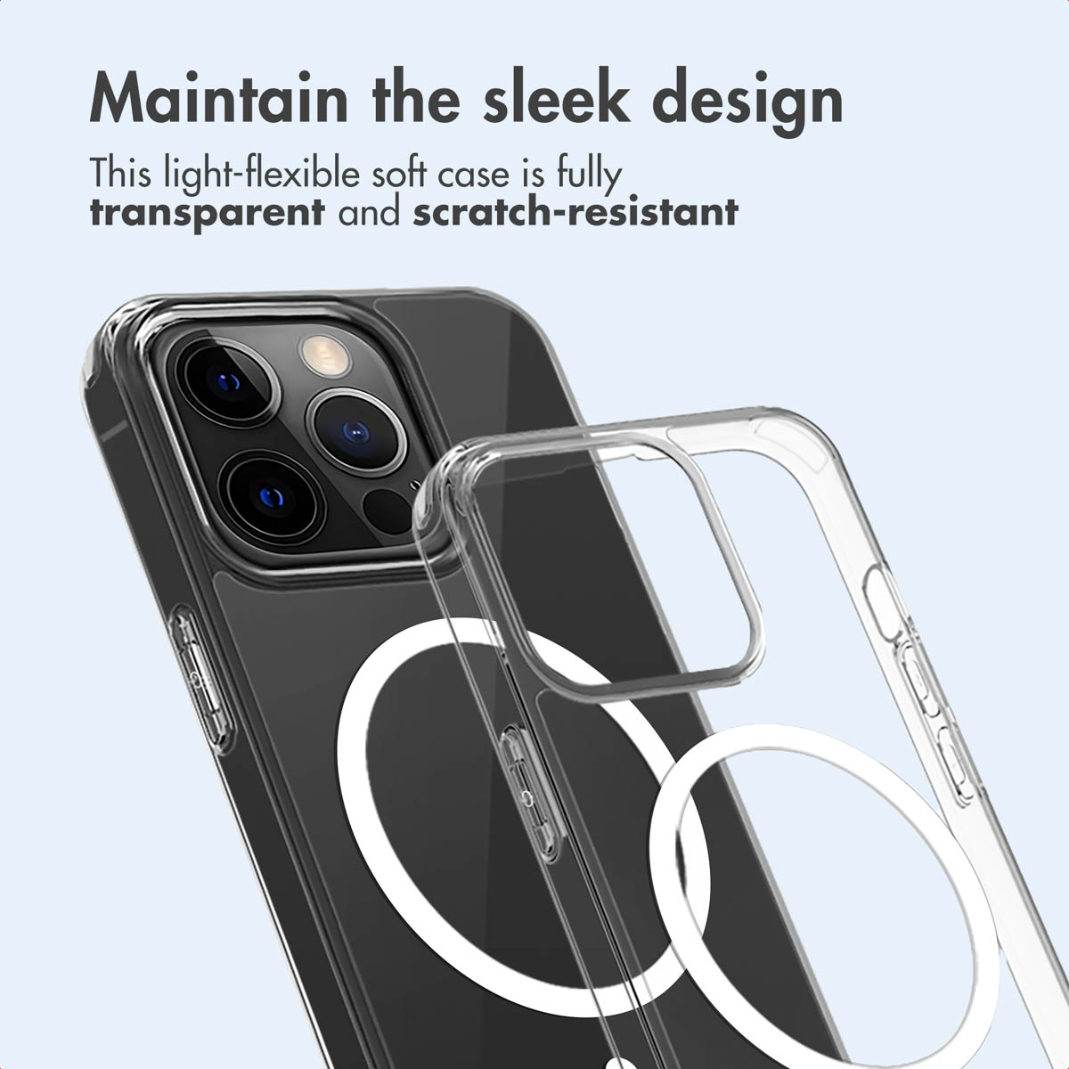 Custodia trasparente antigraffio con anello MagSafe e smartphone.