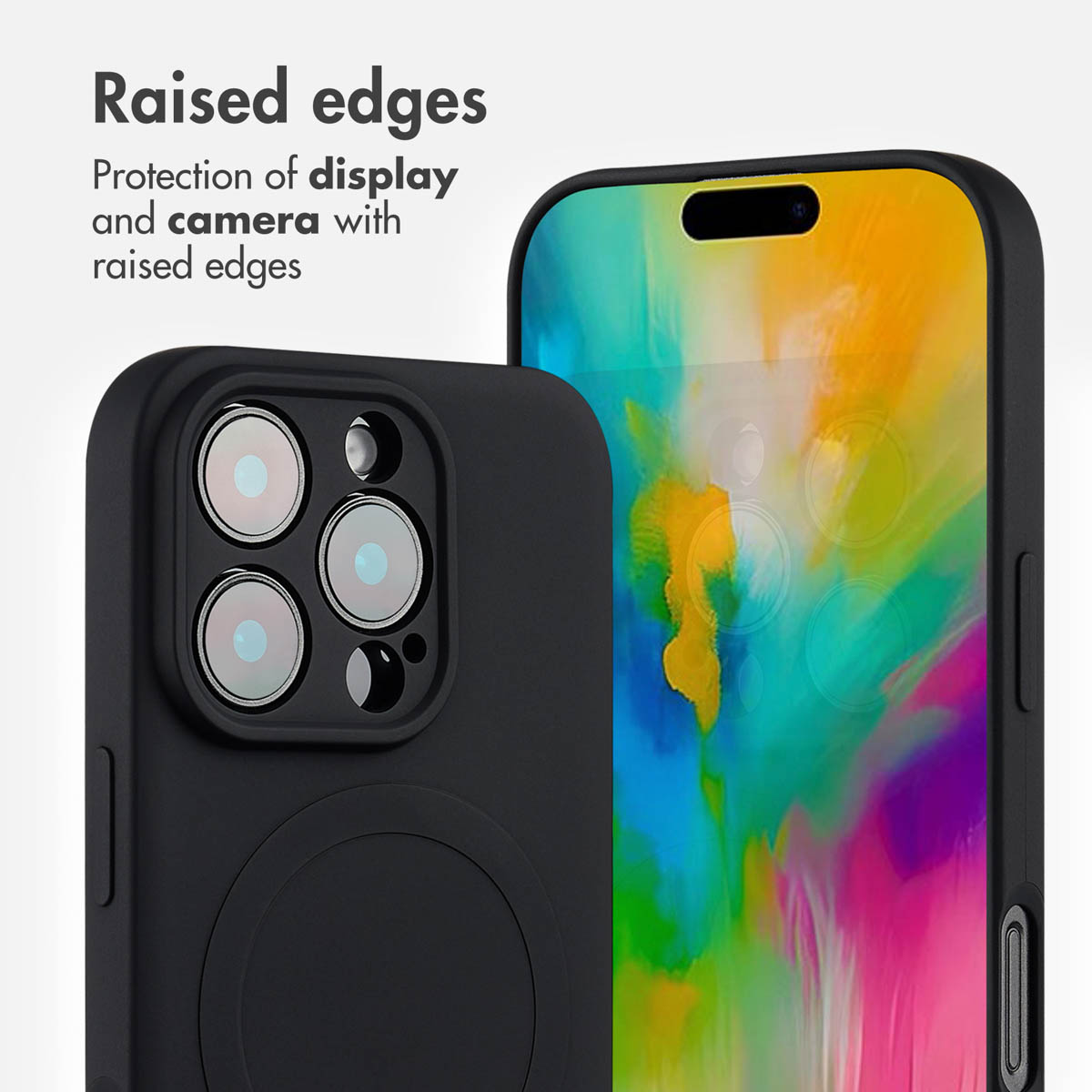 Custodia nera per telefono con bordi rialzati per display e fotocamera.
