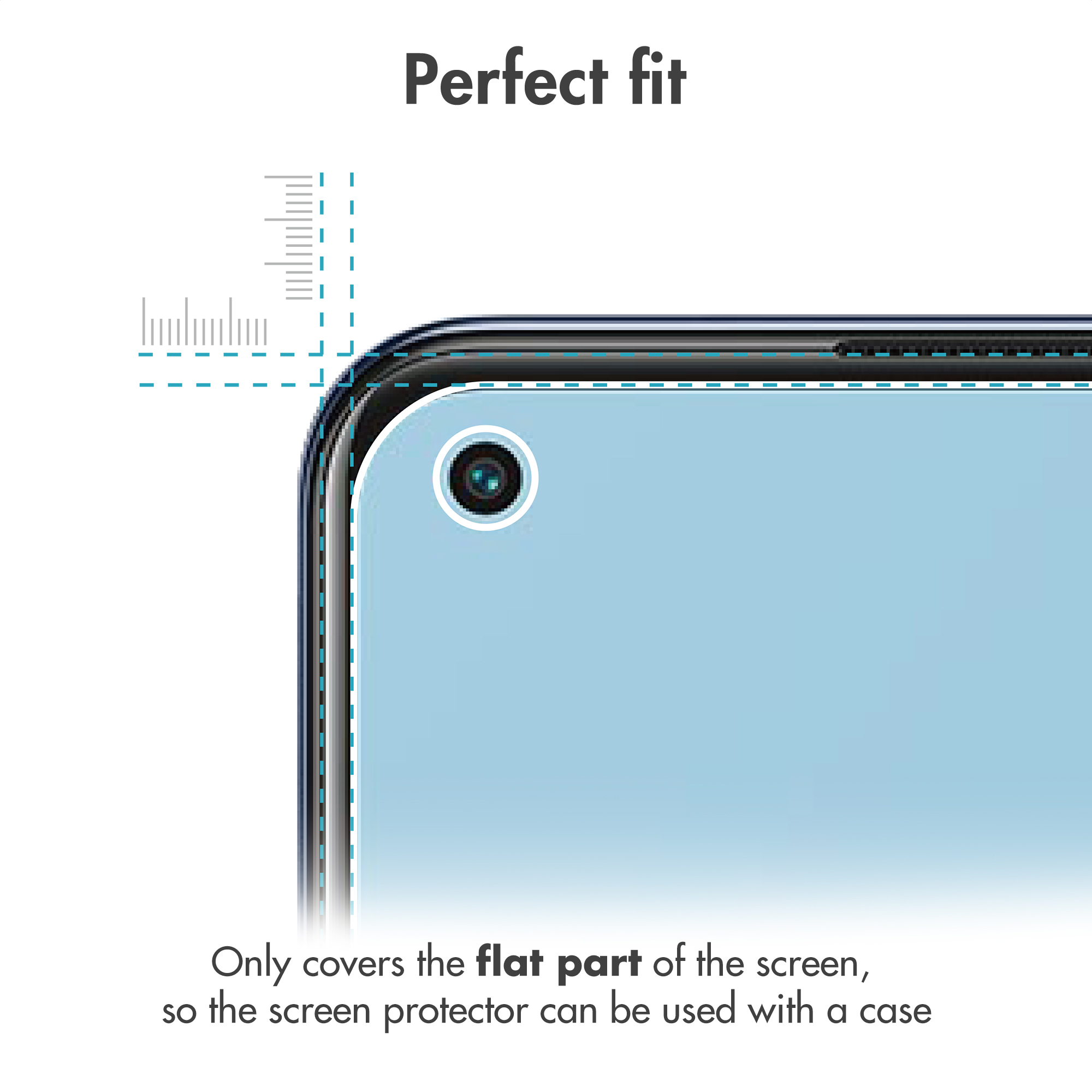 Gros plan du coin d'un smartphone avec caméra frontale, montrant l'ajustement pour coque.