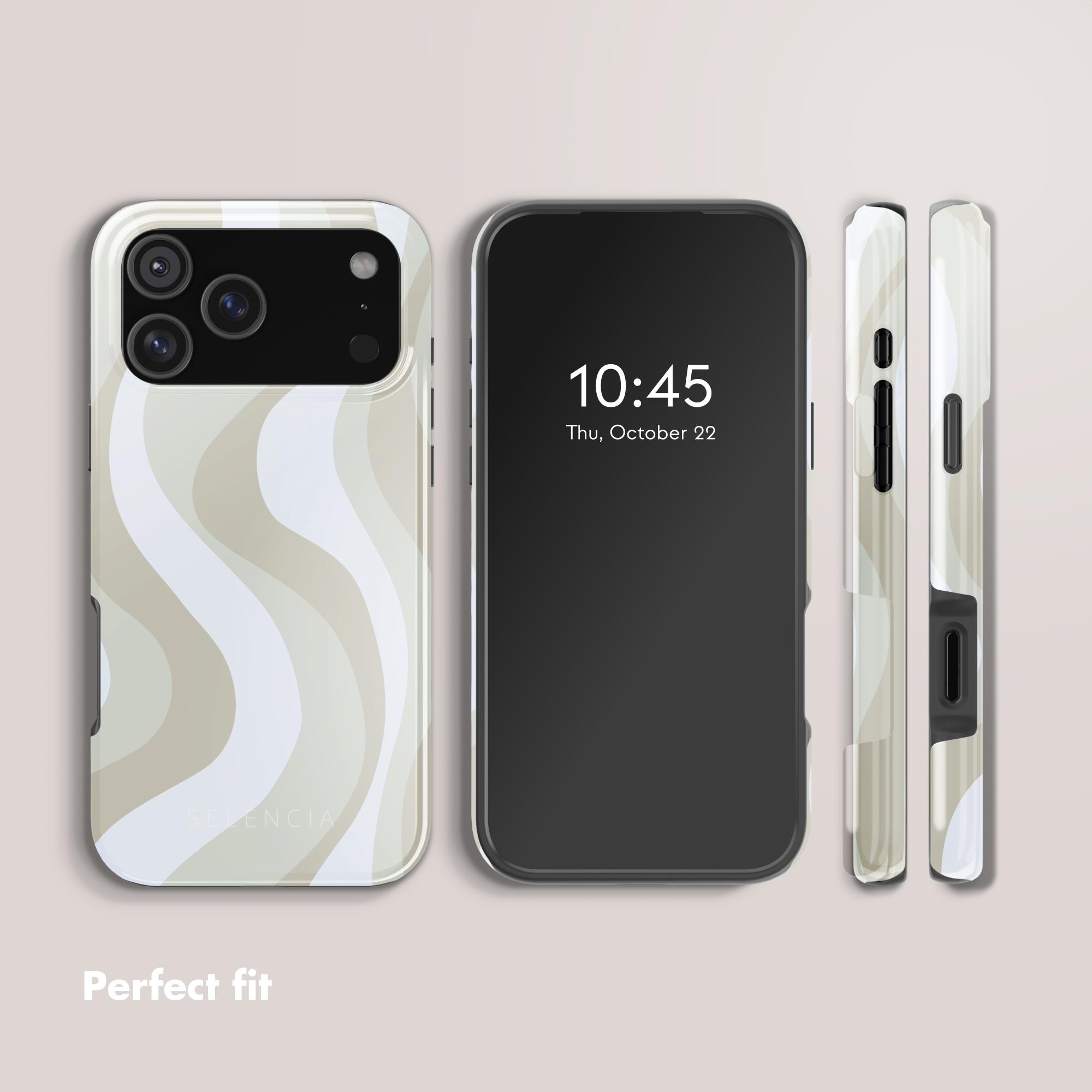 Verschiedene Ansichten einer Handyhülle mit beigen und weißen Wellenmustern und einem schwarzen Smartphone.