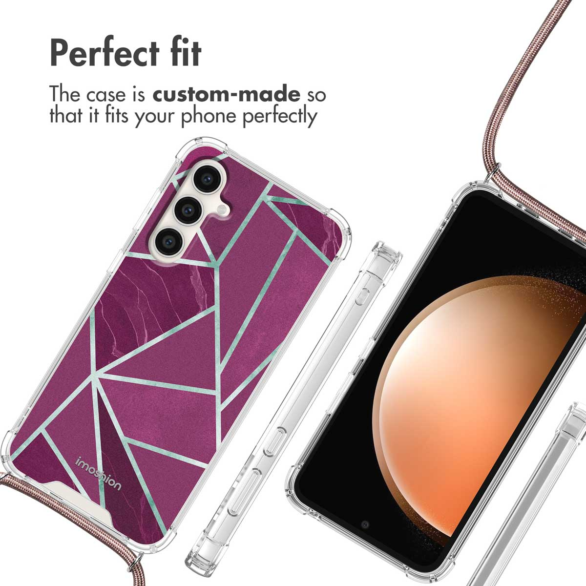 Coque de téléphone à motif géométrique, protection d'appareil photo et lanière, vue avant et arrière avec texte.