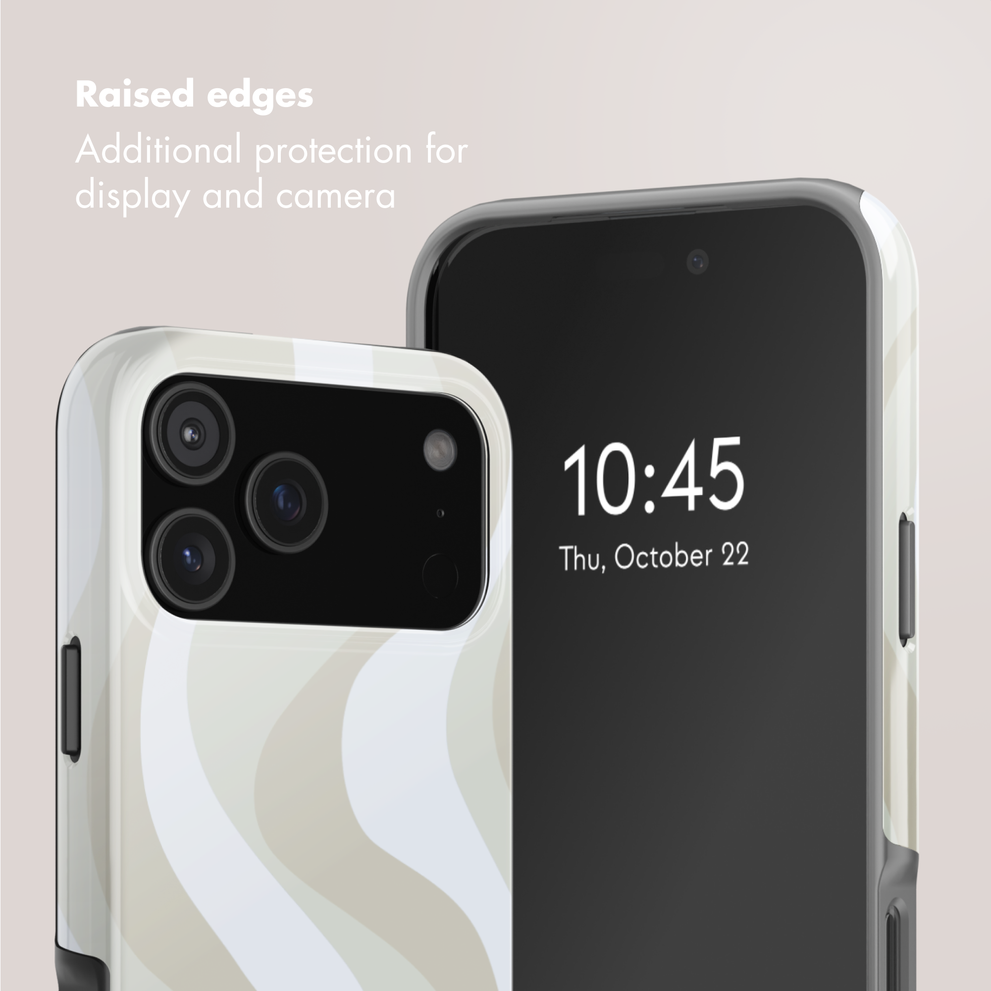 Zwei Smartphones mit Mustercases zeigen erhöhte Kanten für Display- und Kameraschutz.
