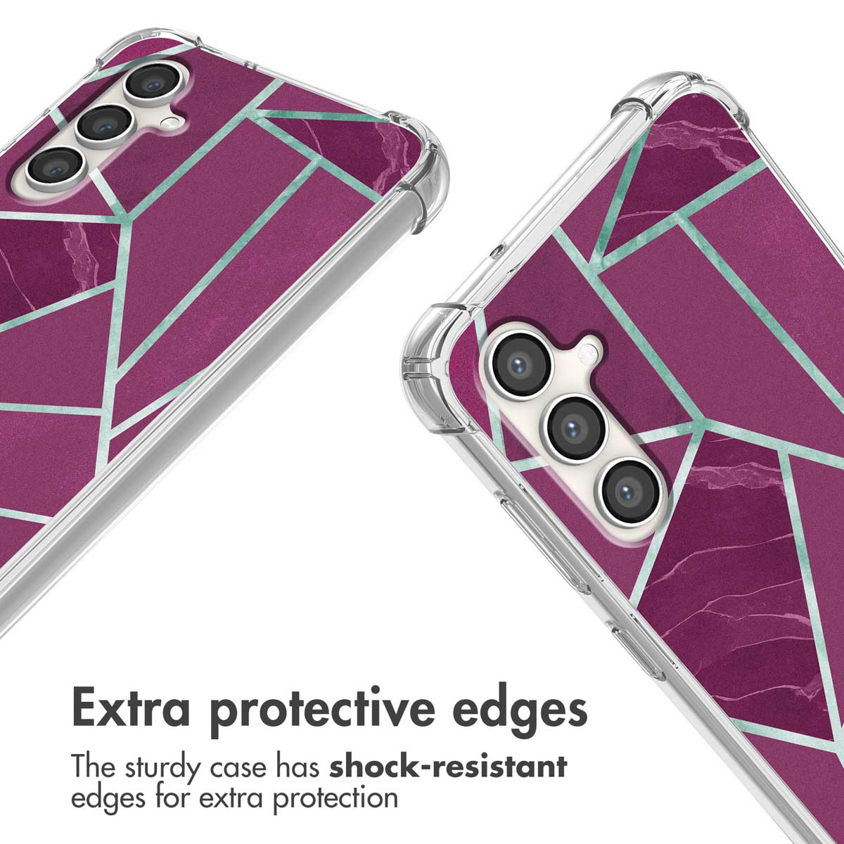 Deux coques de téléphone avec un motif de marbre violet et turquoise, coins antichocs et texte en bas.