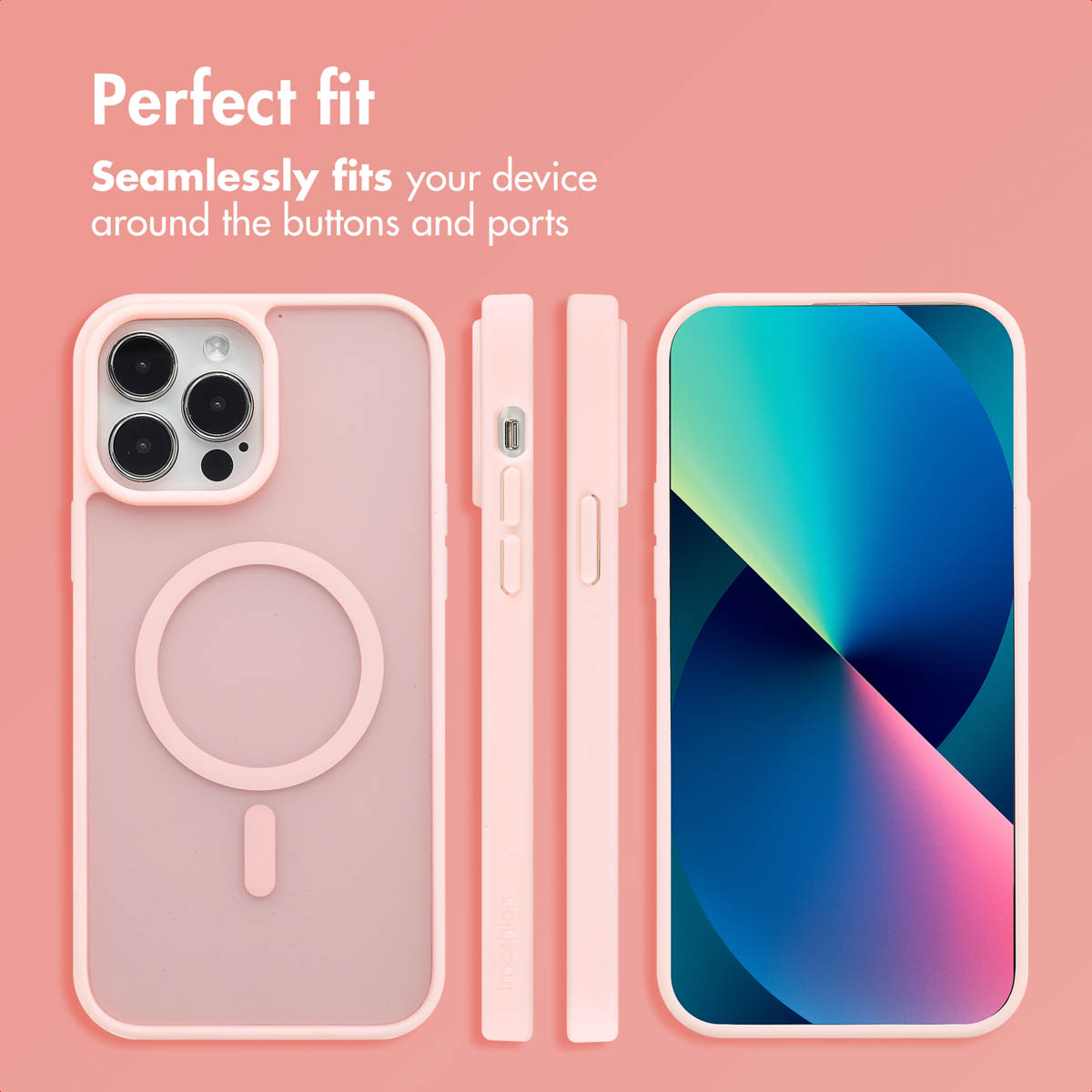 Roze telefoonhoesje met MagSafe-ring en knopuitsparingen, vanuit meerdere hoeken getoond tegen een roze achtergrond.