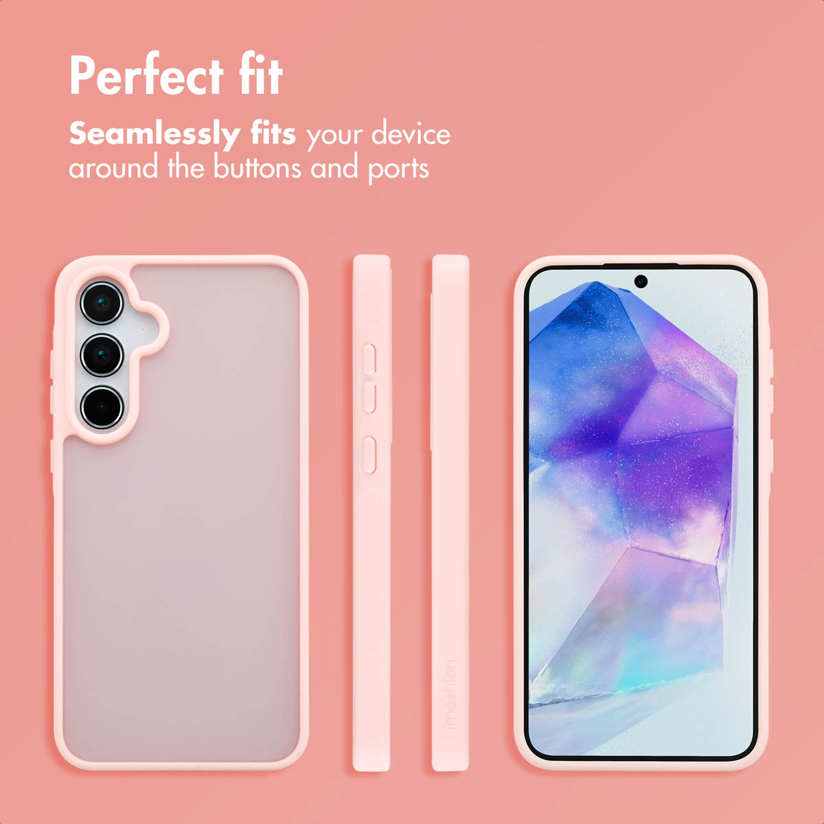 Fundas para móvil de color rosa sobre fondo rosa, mostradas de frente, perfil y con el teléfono.