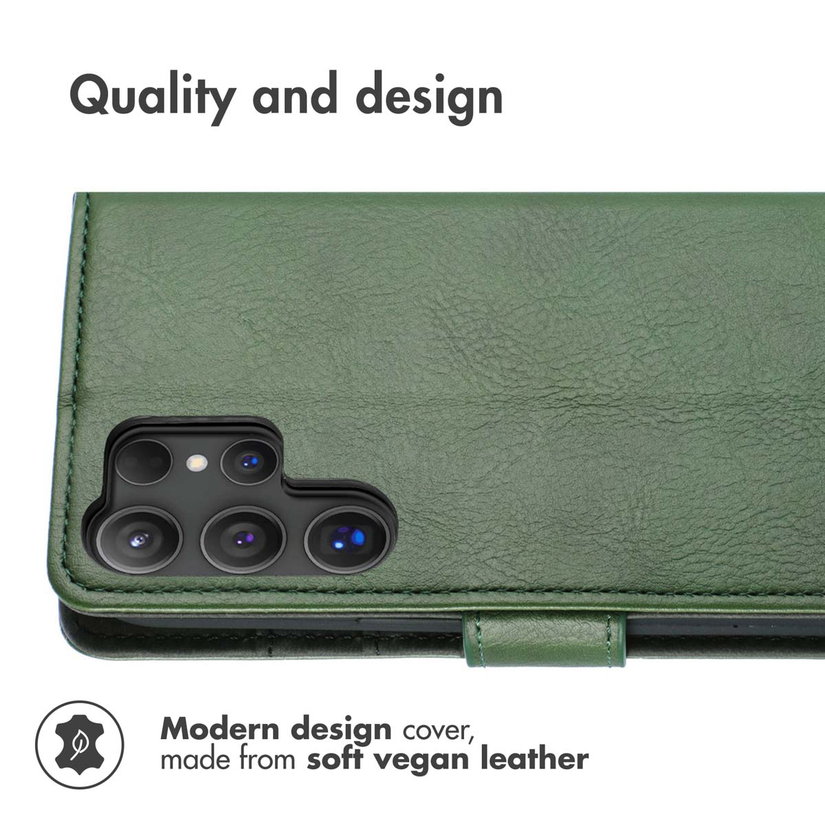 Green vegan leather phone case with camera cutout and text.