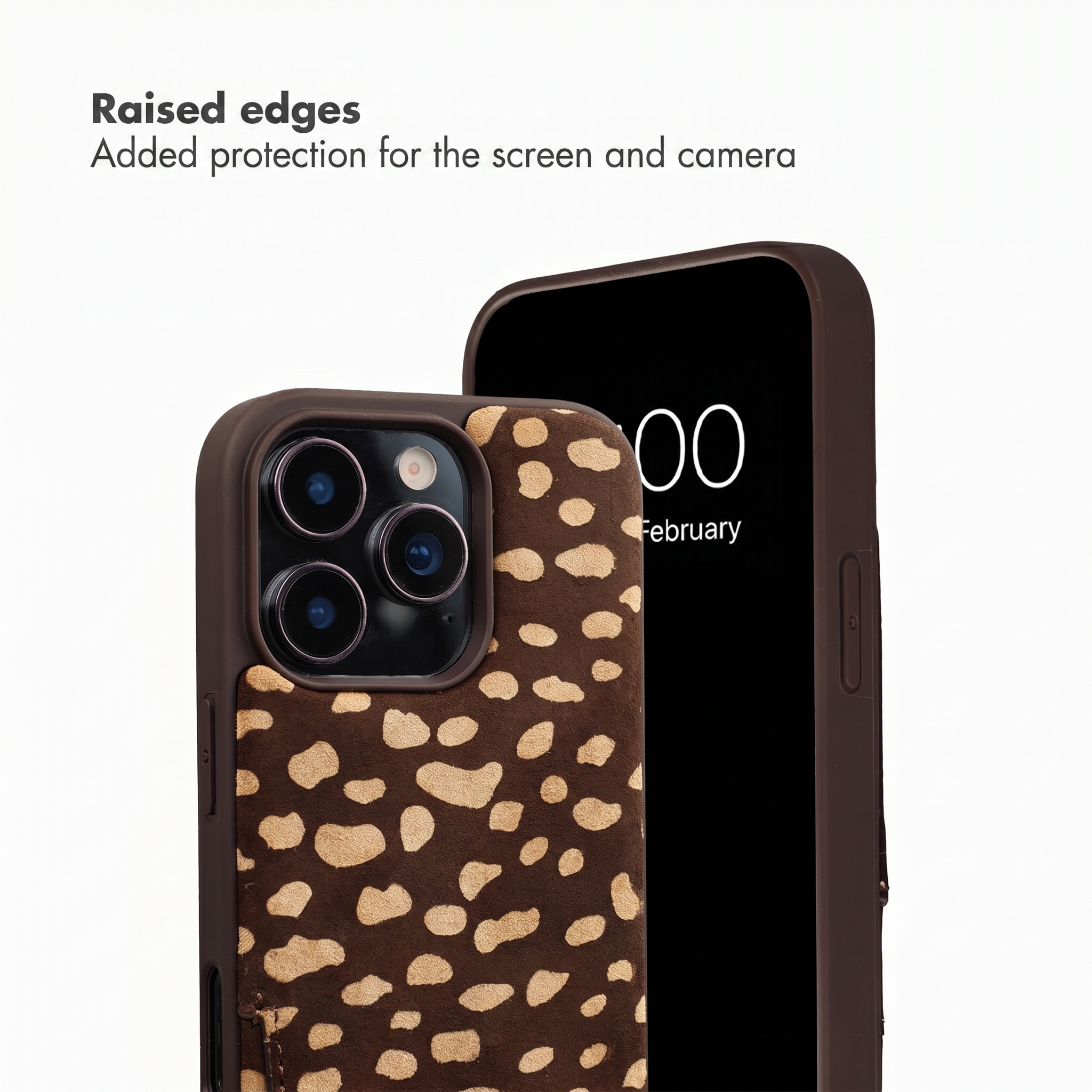 Deux smartphones avec coque marron à motifs marron et blanc, texte indique bords surélevés.