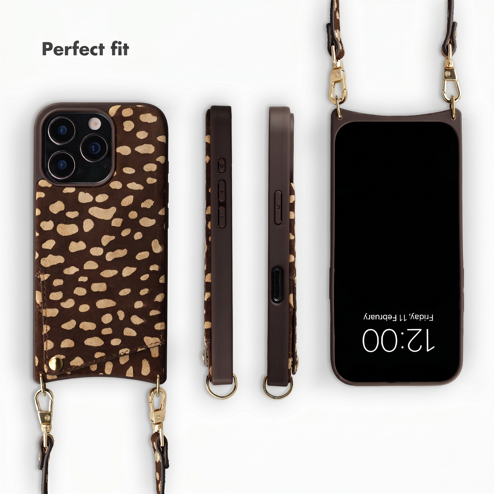 Coque de smartphone marron avec motif guépard, poche pour cartes et lanière amovible, sous différents angles.