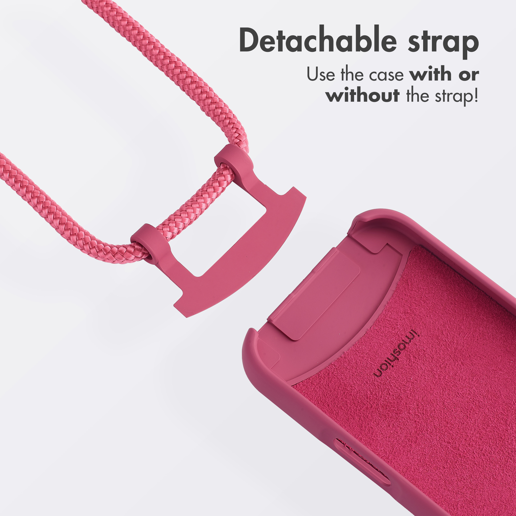 Custodia per telefono rosa con cordino rosa staccabile su sfondo grigio chiaro.