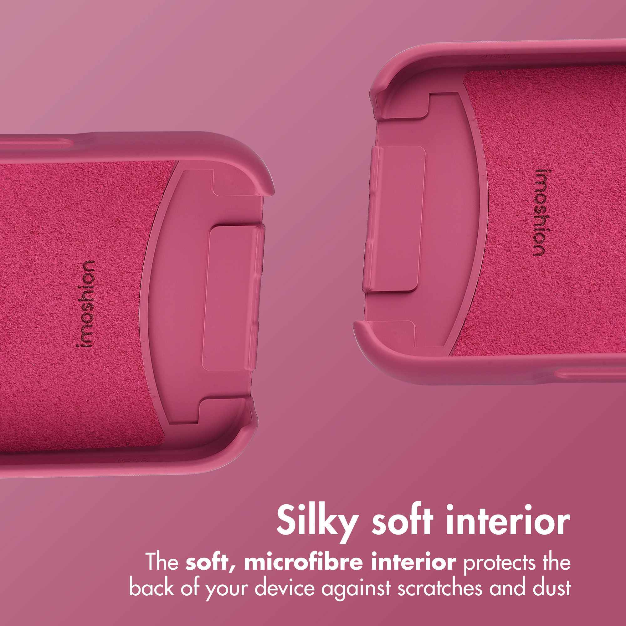 Due custodie per telefono magenta con morbido interno in microfibra su sfondo rosa e testo.