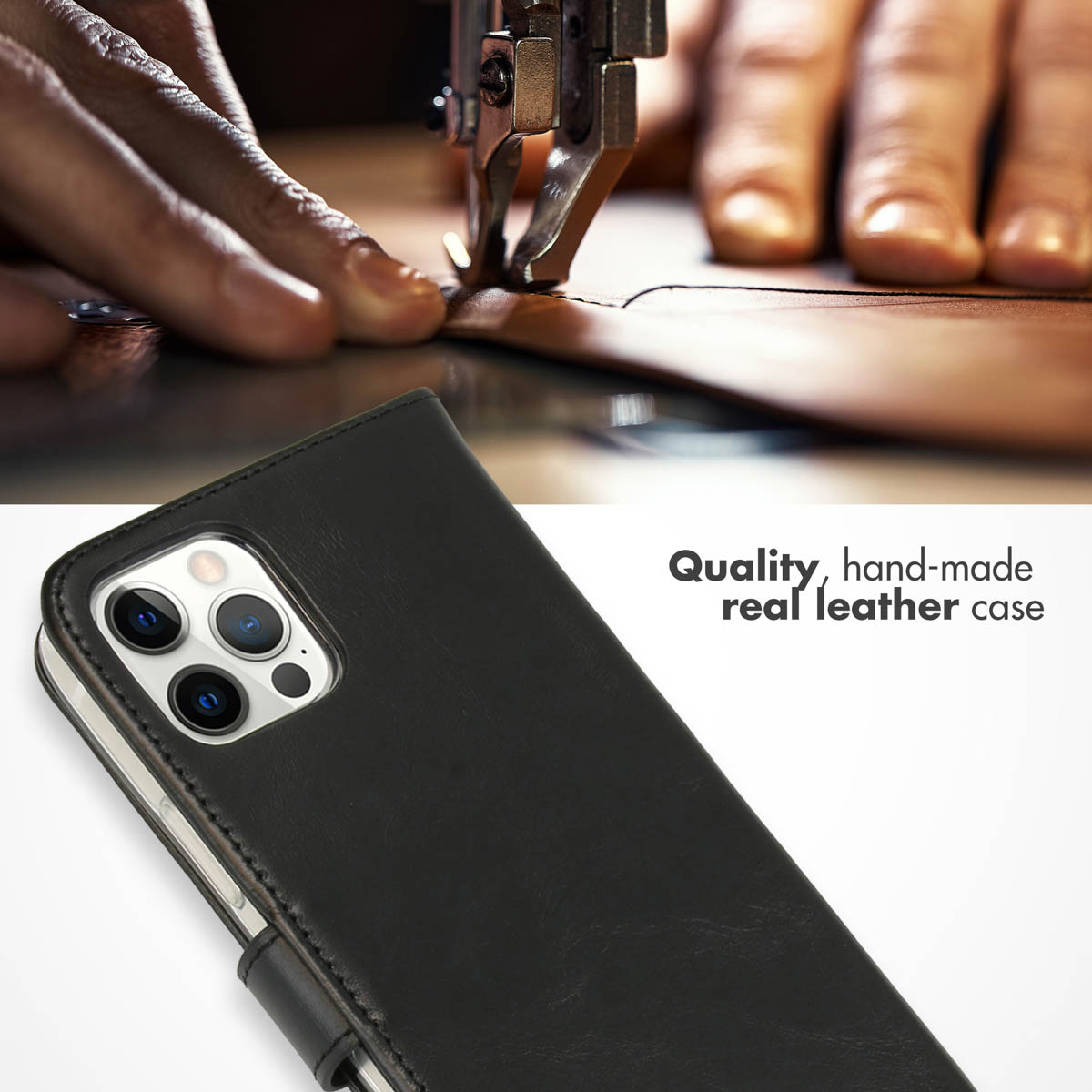 Una funda de móvil de cuero negro bajo unas manos cosiendo cuero, con texto sobre fundas artesanales de piel.