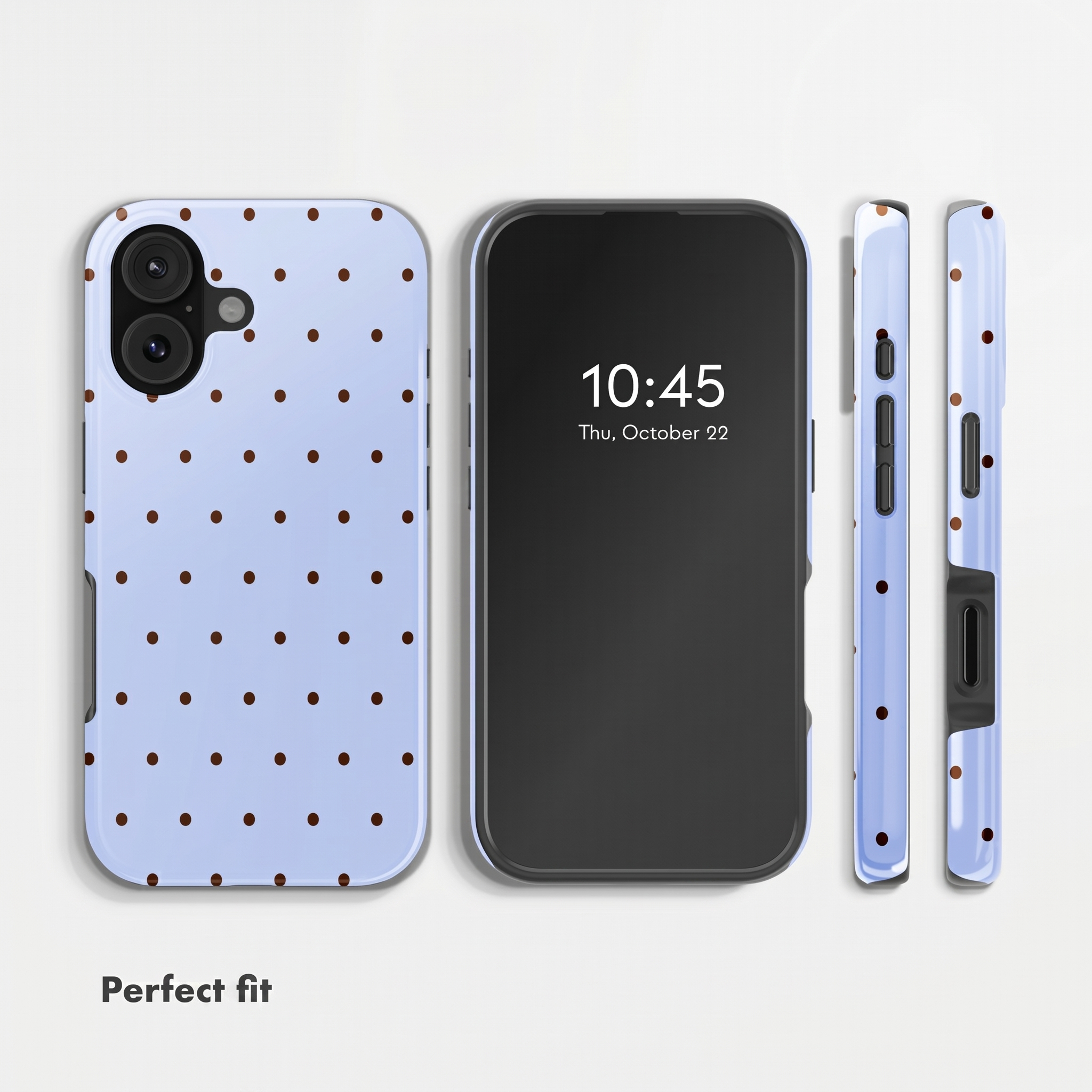 Ein Smartphone aus mehreren Winkeln, mit hellblauer Hülle und dunkelbraunem Punktemuster.