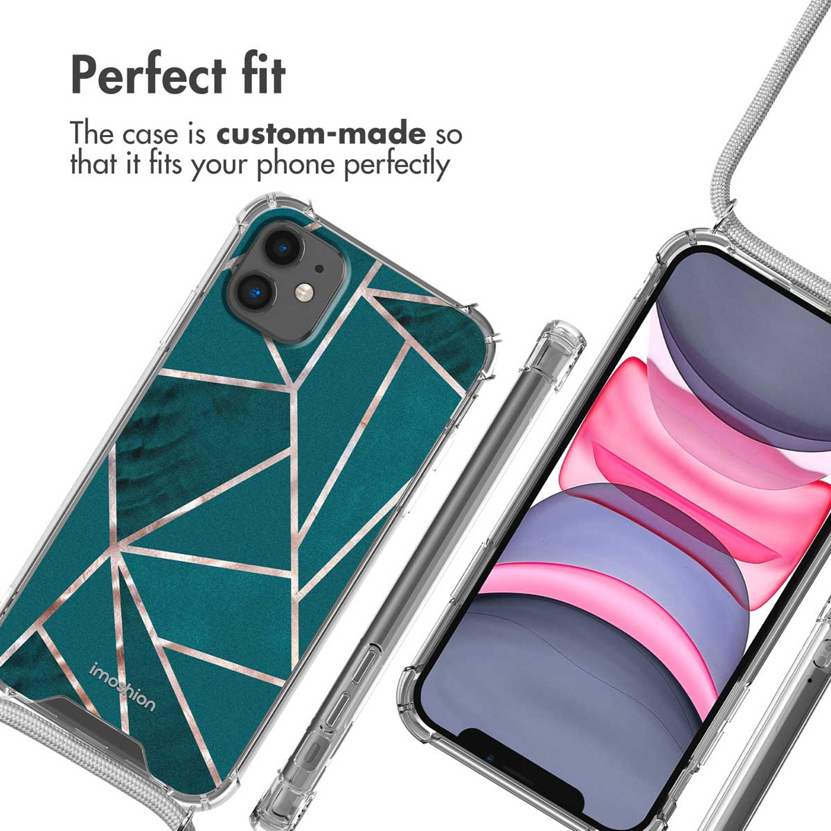 Une coque de téléphone à motif géométrique, lanière et texte.