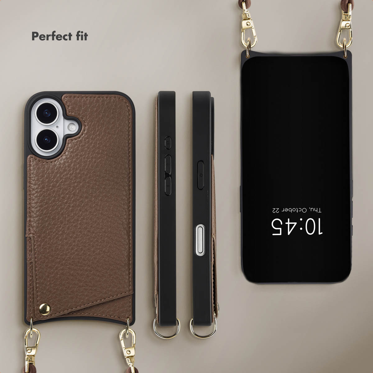 Funda de móvil de cuero marrón con tarjetero y correa, vista desde varios ángulos.