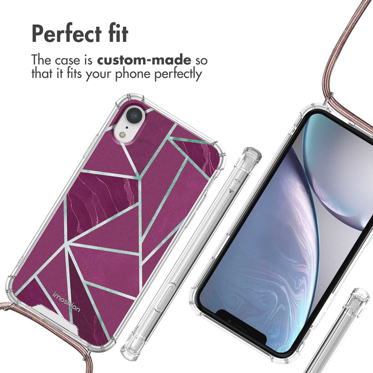 Funda de móvil con patrón de mármol geométrico rosa y correa, el texto dice: Perfect fit.