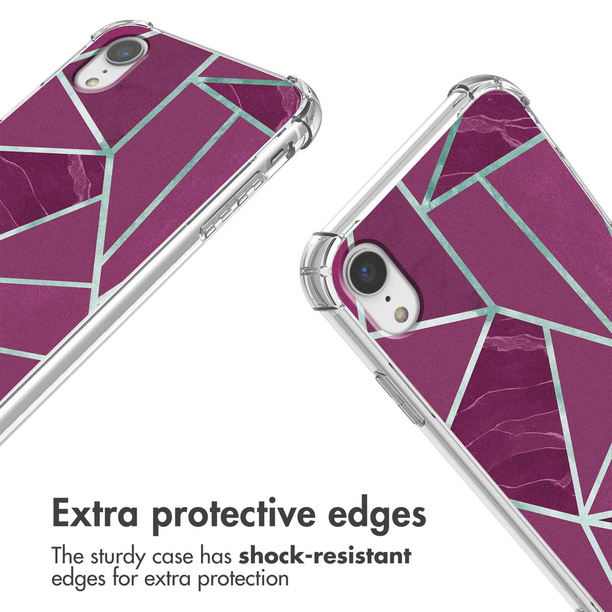 Funda para teléfono con patrón de mármol geométrico morado y bordes antichoque.