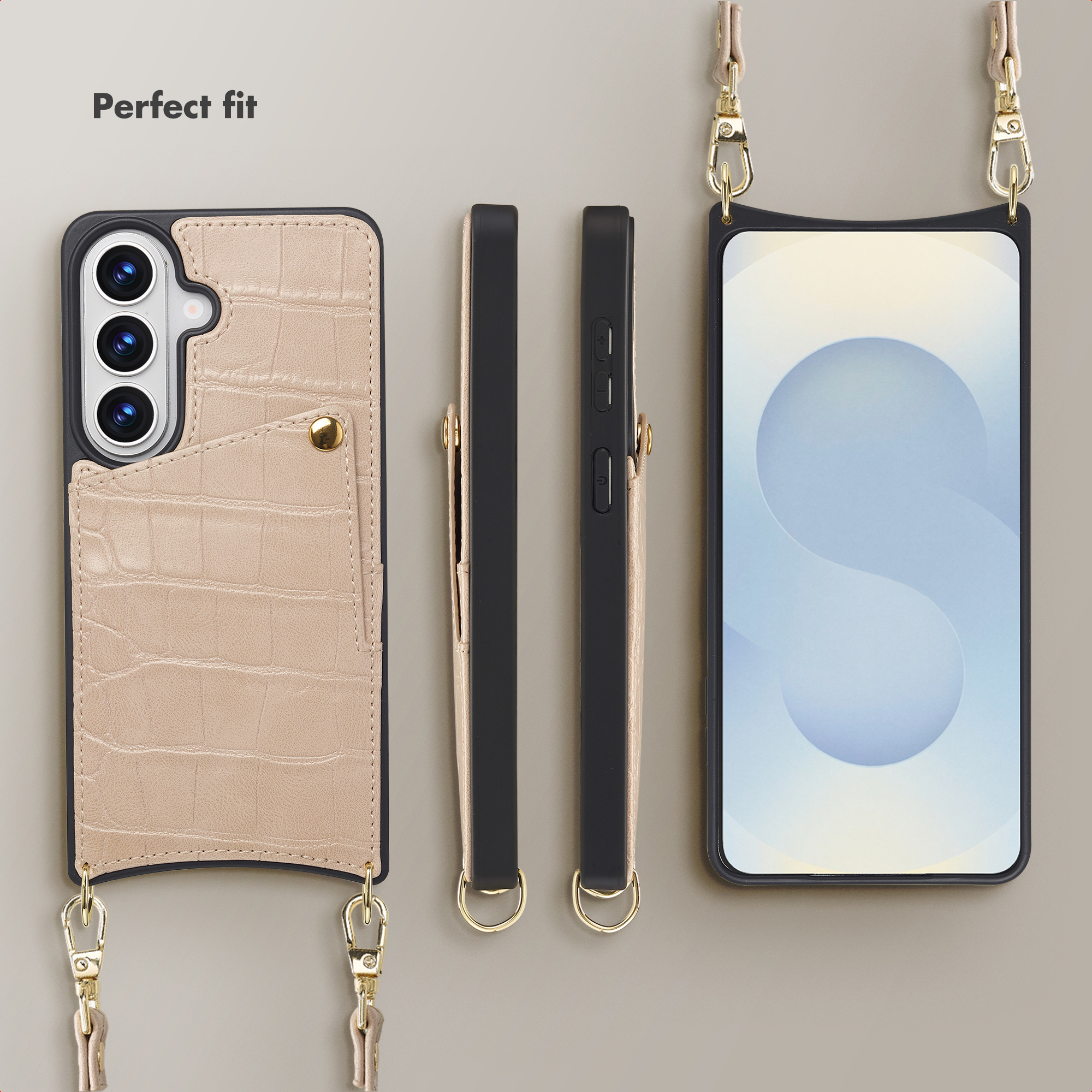 Funda de móvil de piel de cocodrilo beis con tarjetero, correa y herrajes dorados en varios ángulos.