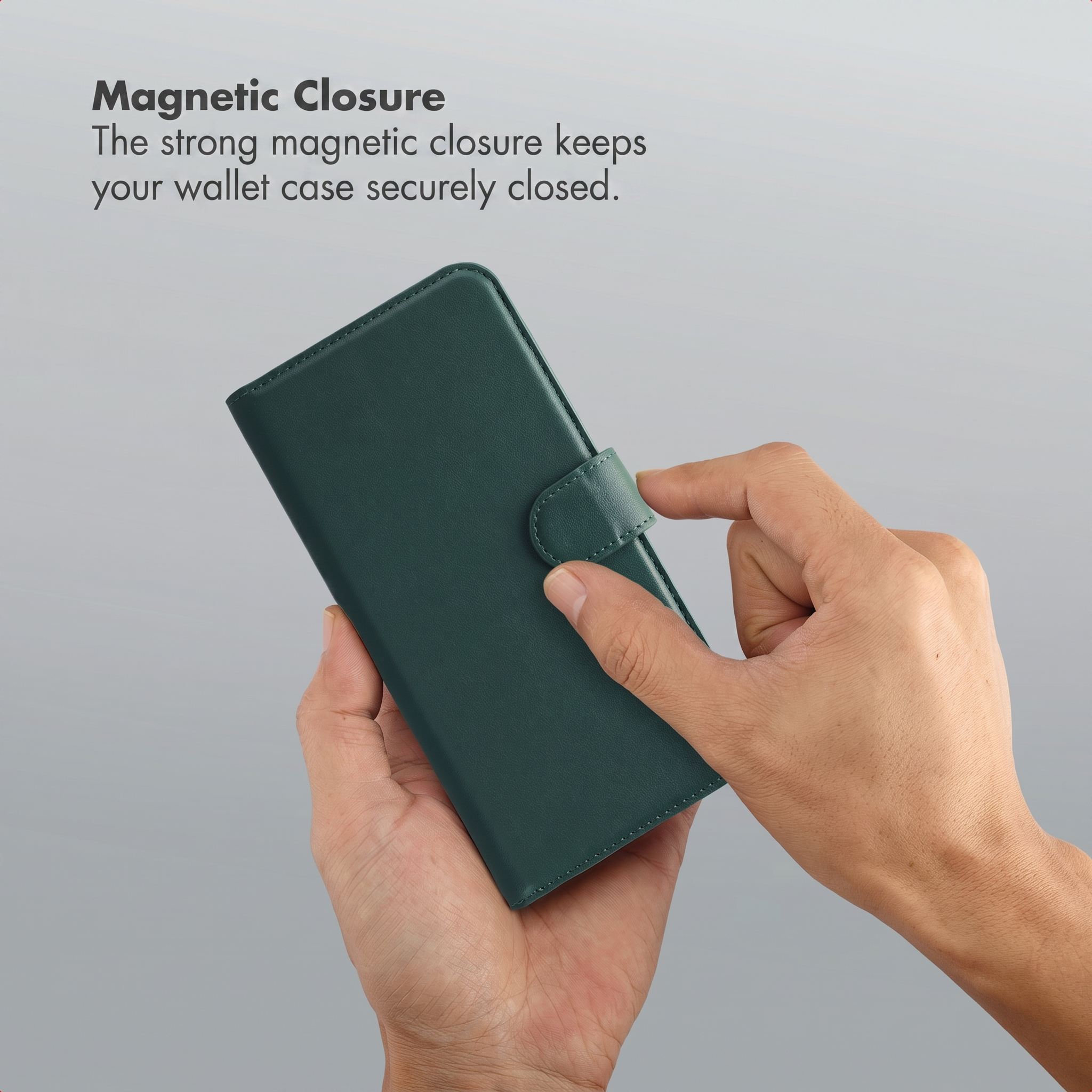A closed green leather phone case is held in hands, with text at top.