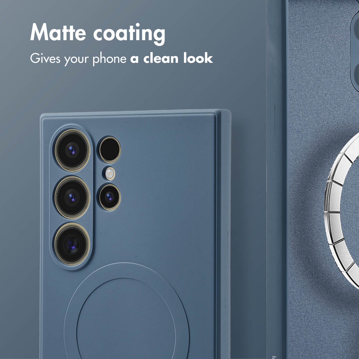 Coque de smartphone bleue avec revêtement mat, objectifs et anneau MagSafe.