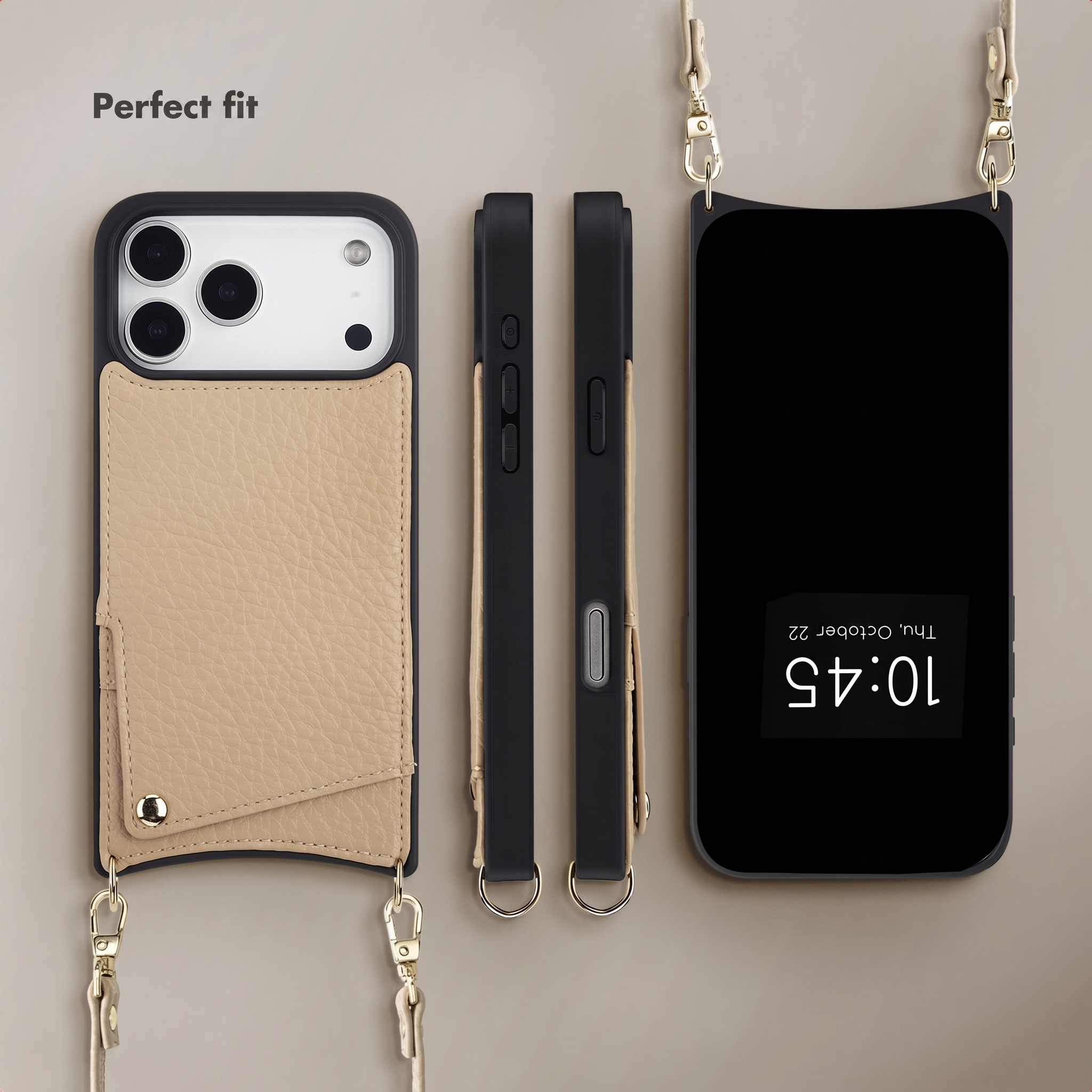 Eine beige Leder-Handyhülle mit Band, aus verschiedenen Winkeln mit dem Text Perfect fit.