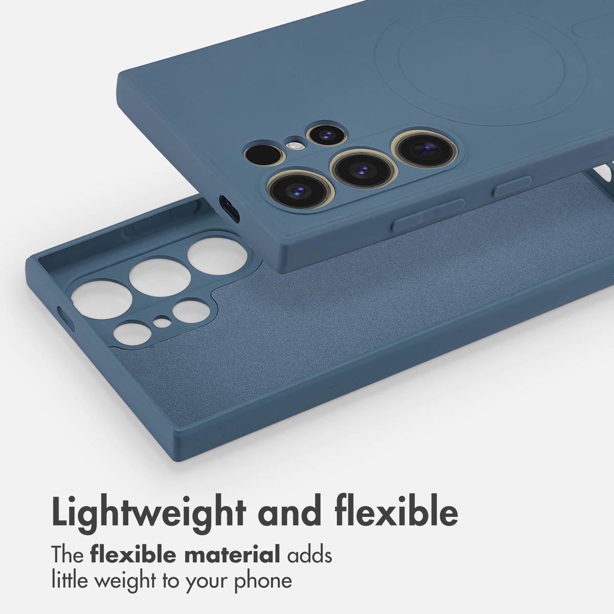 Coque de smartphone bleue avec découpes pour appareil photo et texte.