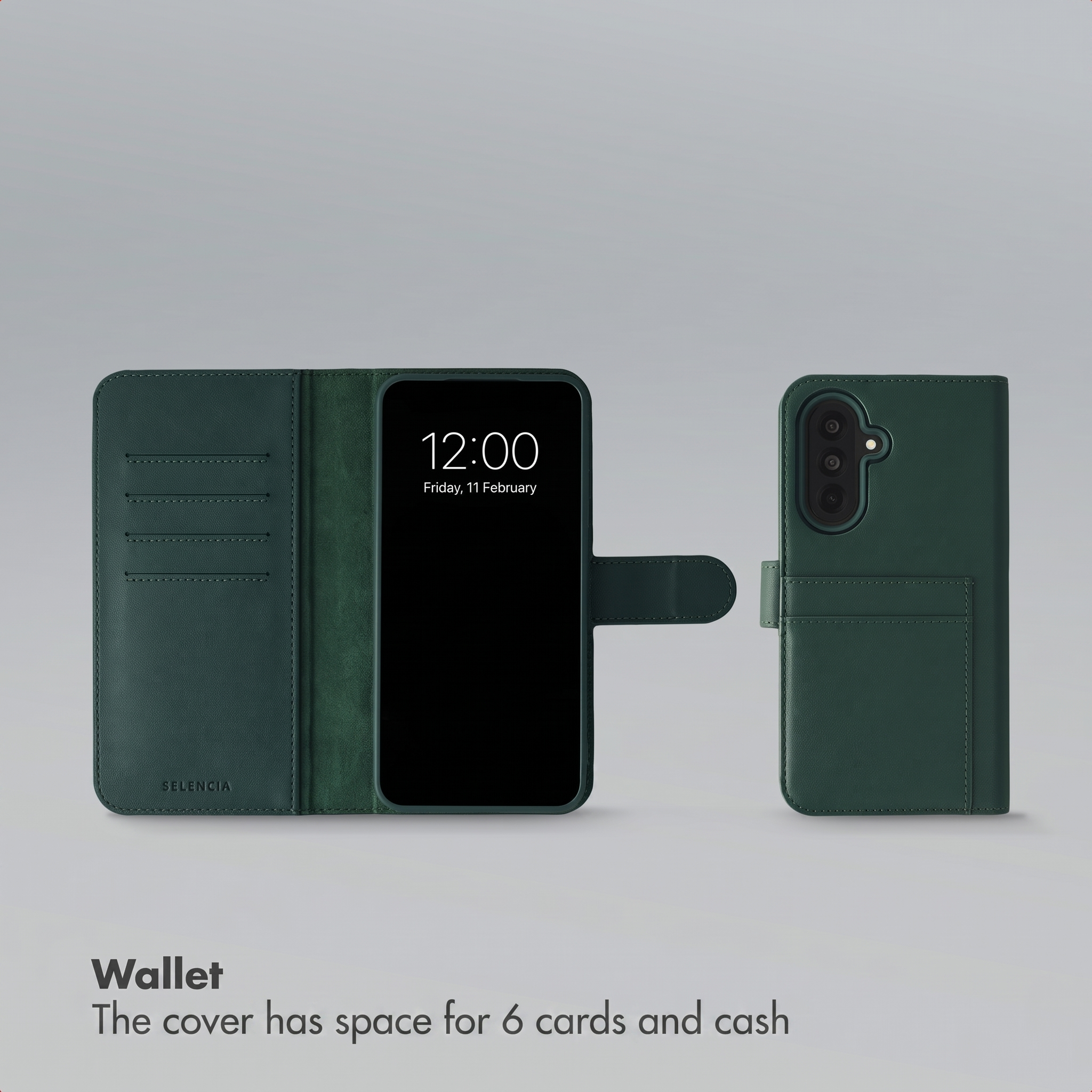 Green leather phone wallet case with card slots and a built-in stand on a grey background.
