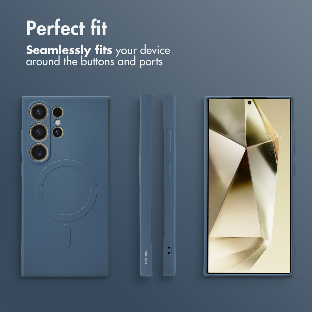 Coque de smartphone bleue sous plusieurs angles avec le texte Perfect fit.