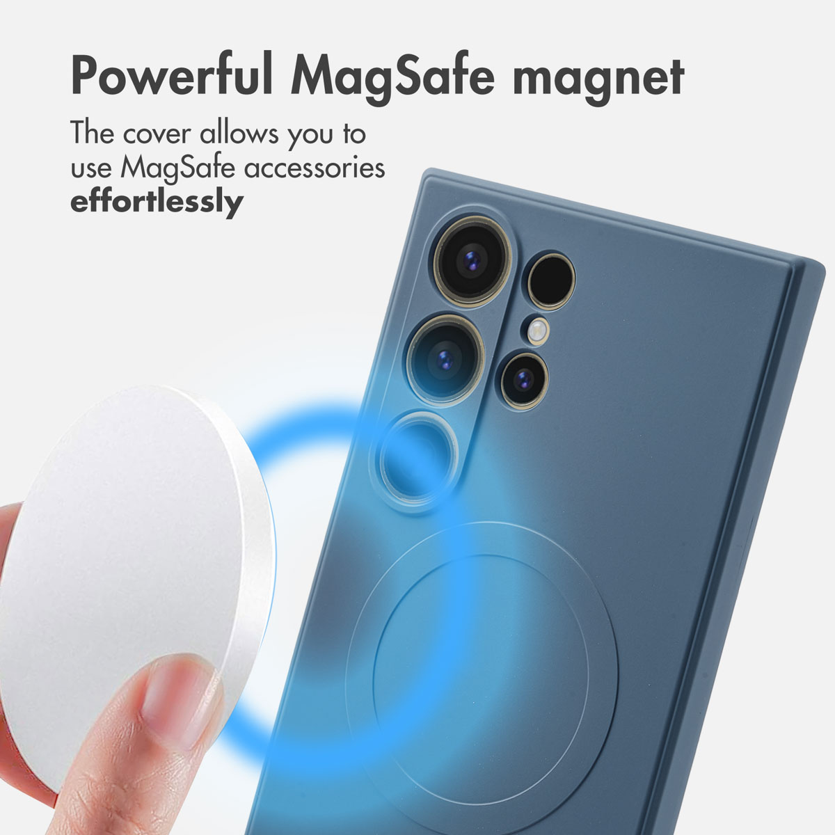Une coque bleue avec aimant MagSafe indiqué par un anneau lumineux, et une main tenant un accessoire.
