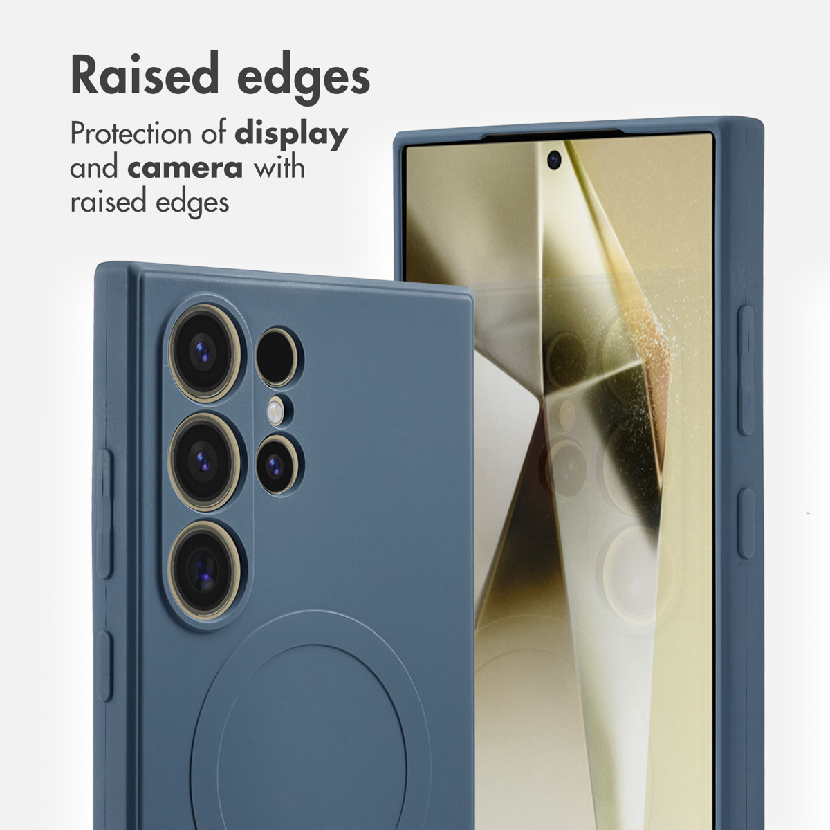 Coque de téléphone bleue avec bords surélevés pour protéger l'écran et l'appareil photo, vues avant et arrière.