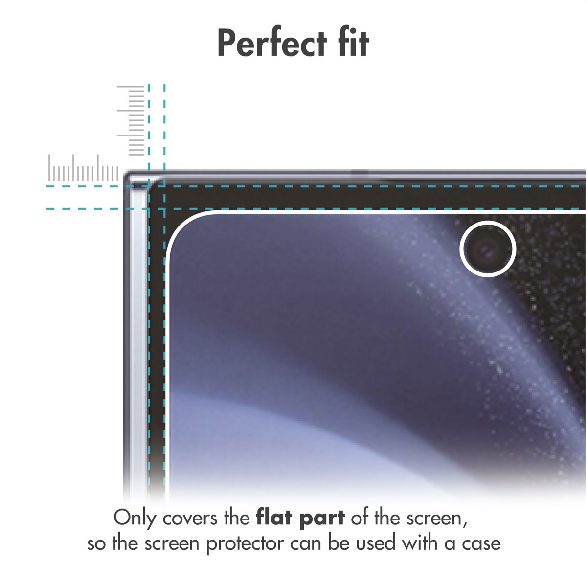 Diagram toont dat de screenprotector alleen het platte deel bedekt.
