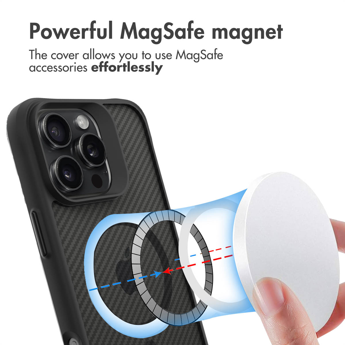 Funda de teléfono con imán MagSafe y texto arriba.