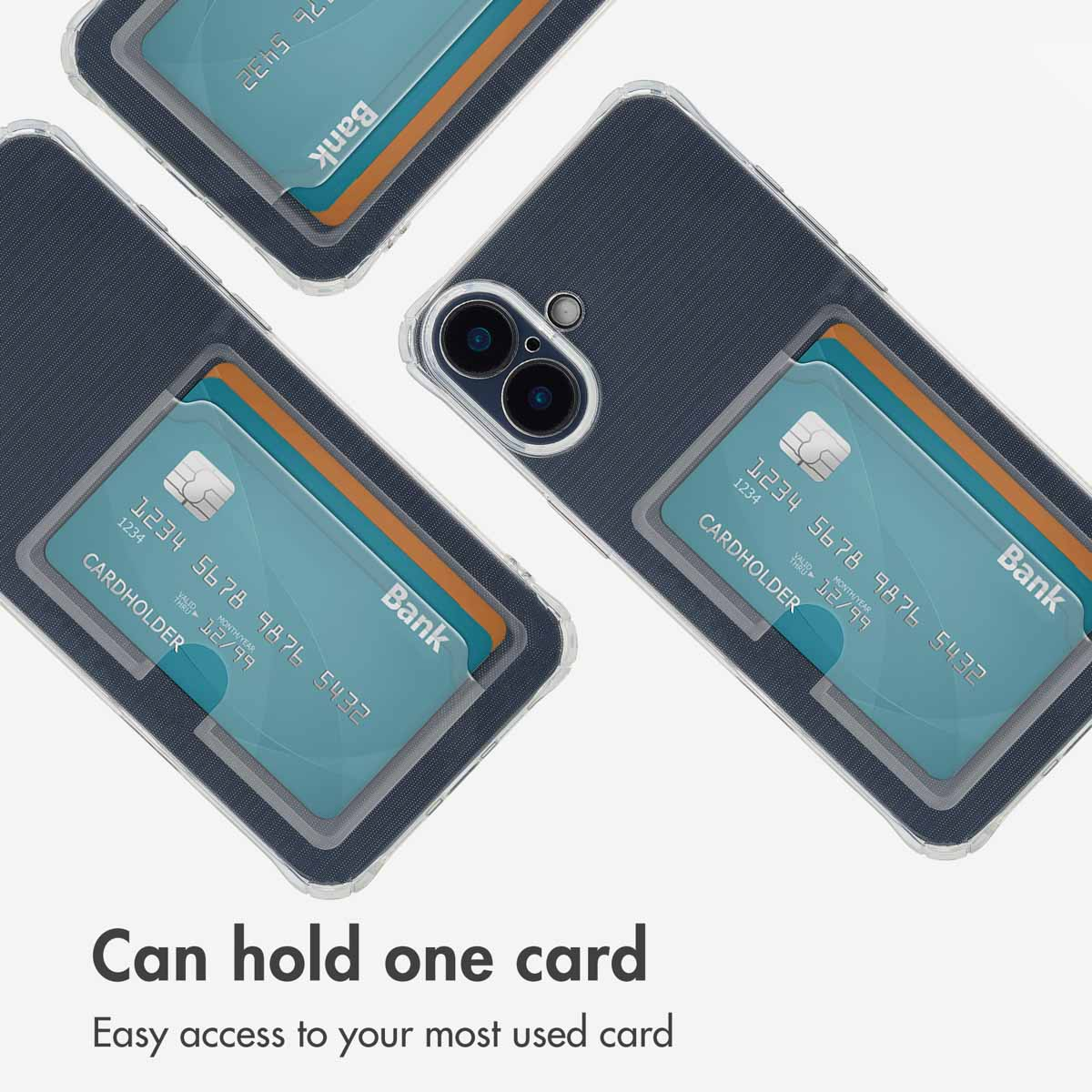 Tres fundas de teléfono azul oscuro con tarjetero integrado y tarjetas bancarias sobre fondo blanco.