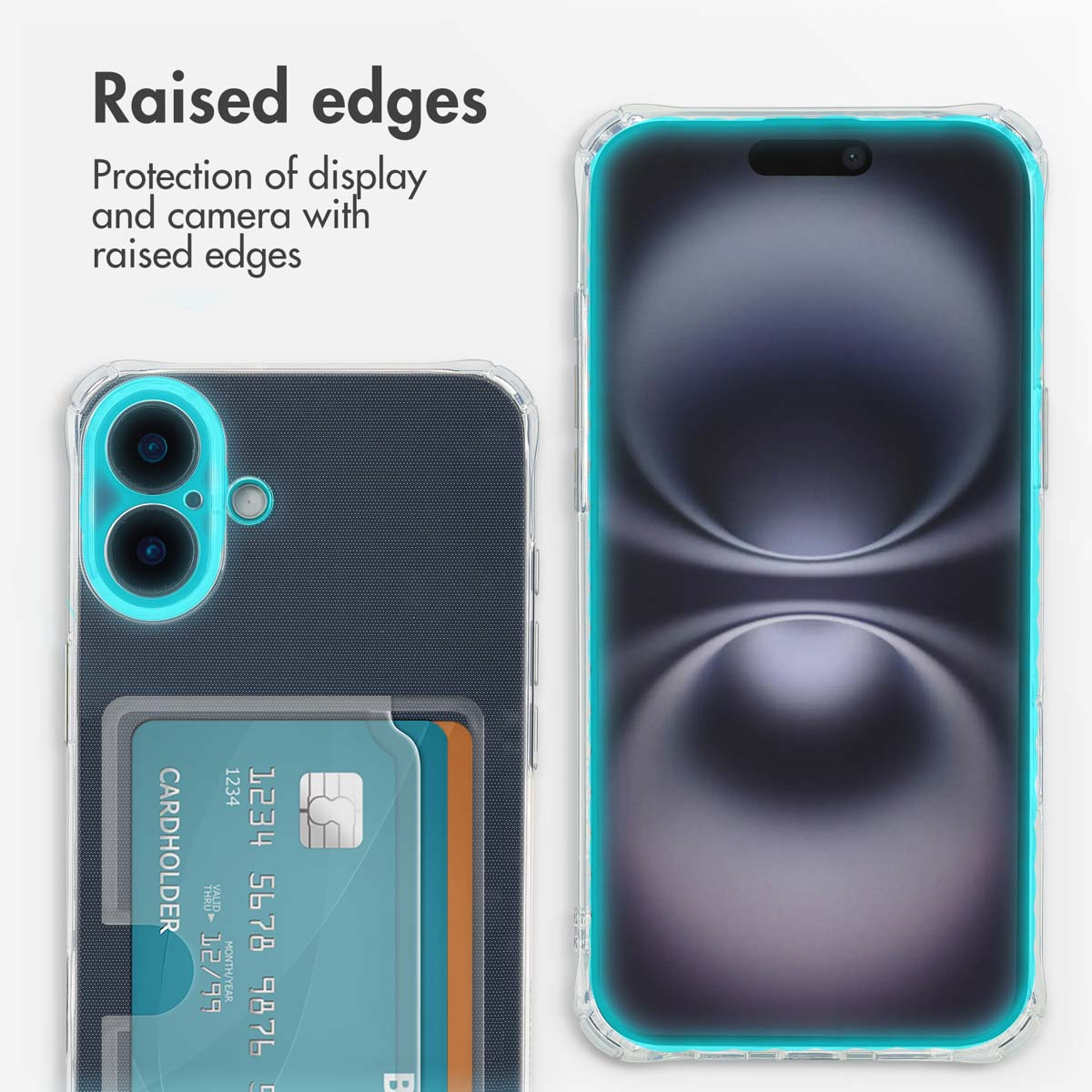 Una funda transparente con bordes elevados que protegen la pantalla y la cámara, con tarjetero.