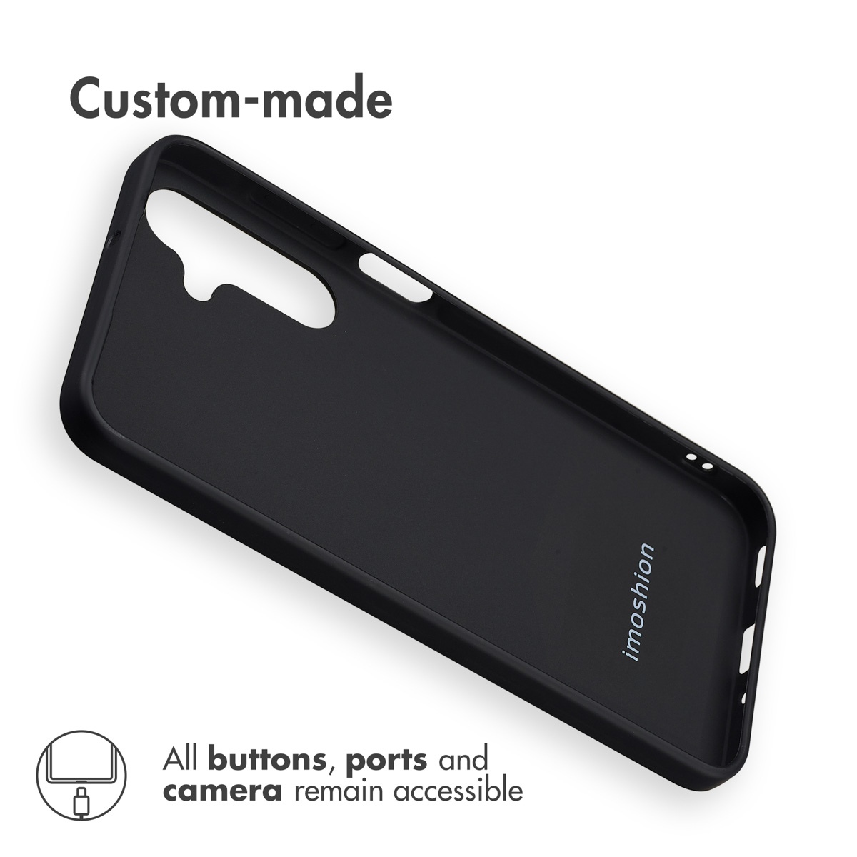 Una funda de smartphone negra sobre fondo blanco con texto sobre la accesibilidad de botones y puertos.
