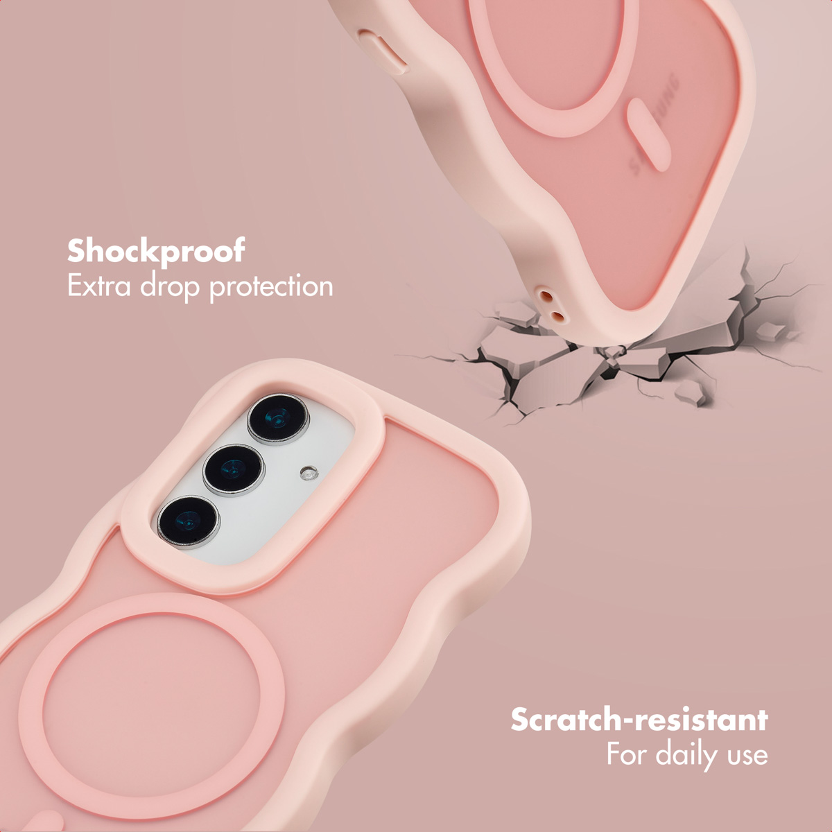 Custodia per telefono rosa con ritaglio per fotocamera e rilievo circolare su sfondo beige.